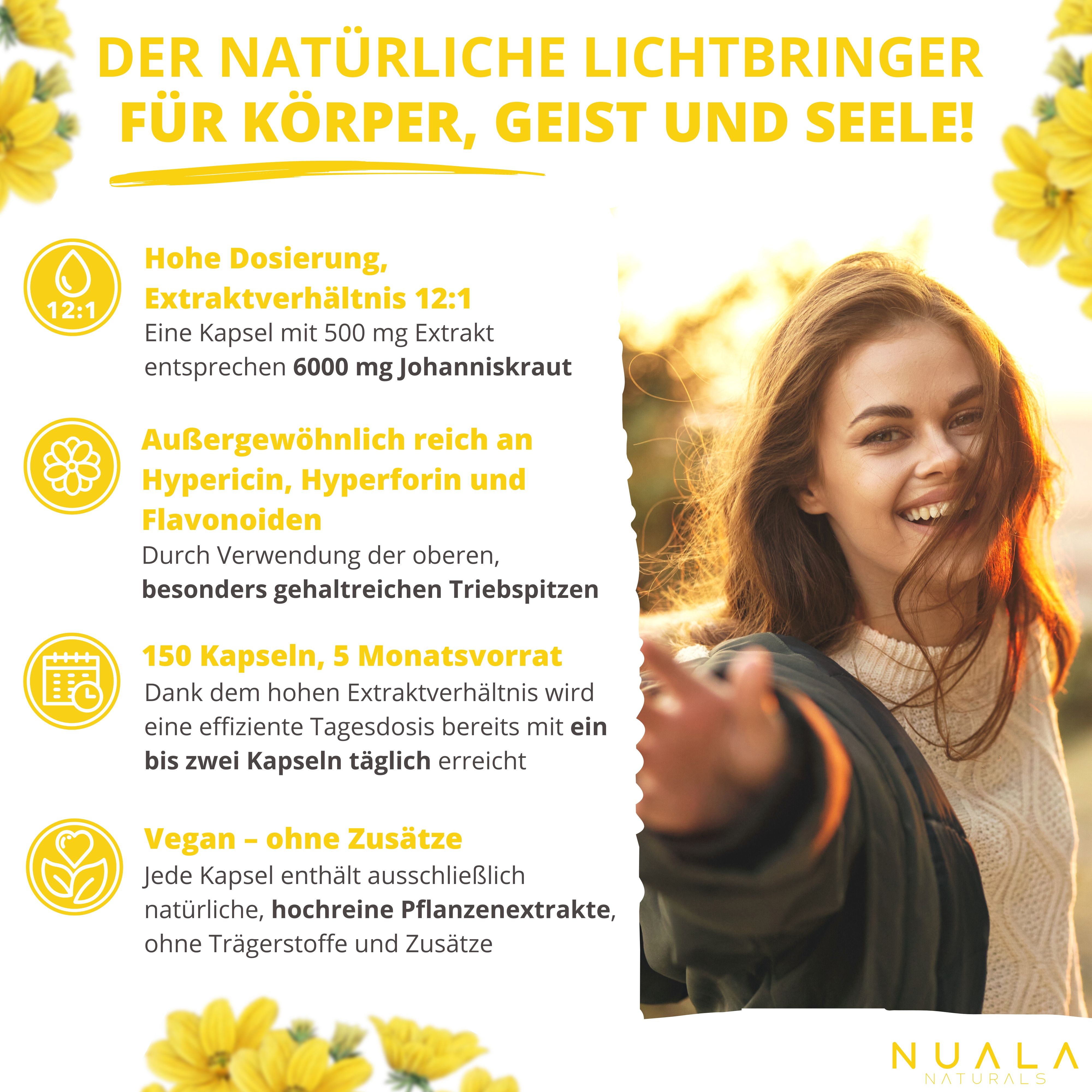 Nuala Naturals® - Sonnenglück Johanniskraut Extrakt 12:1 150 St Kapseln