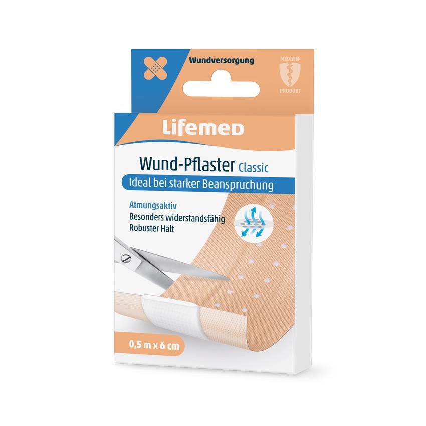 Verpackung von Lifemed Wund-Pflaster Classic. Hautfarbenes Pflaster, 0,5 m x 6 cm. Produktname und Eigenschaften auf der Verpackung.