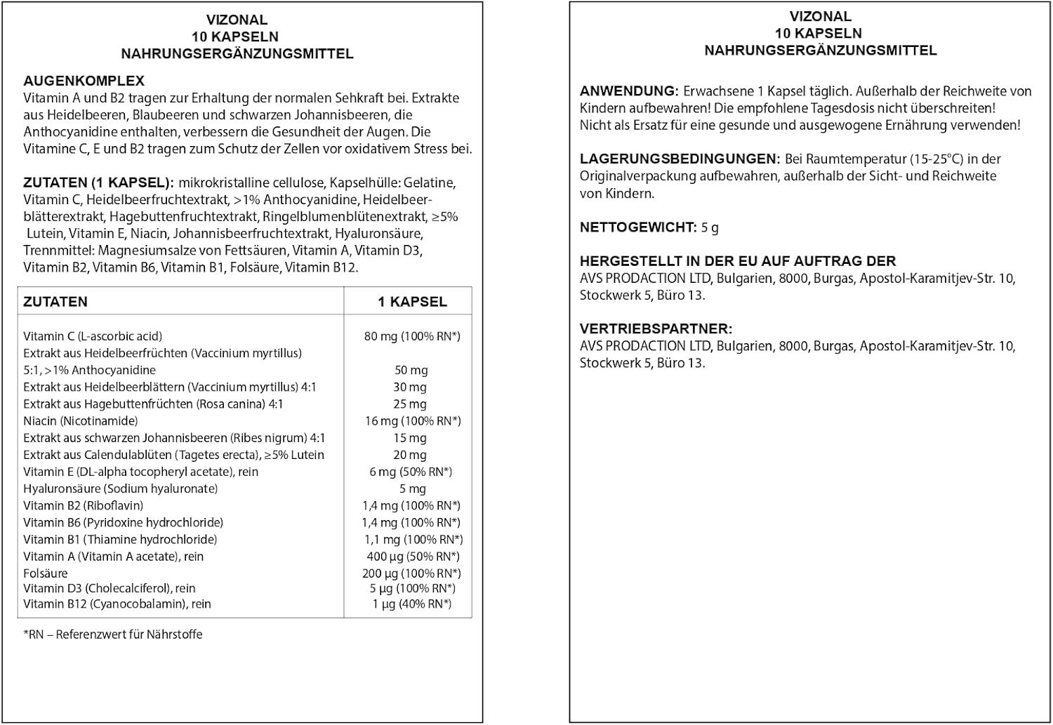 Zwei Seiten einer Packungsbeilage. Zutatenliste und Anwendungshinweise.