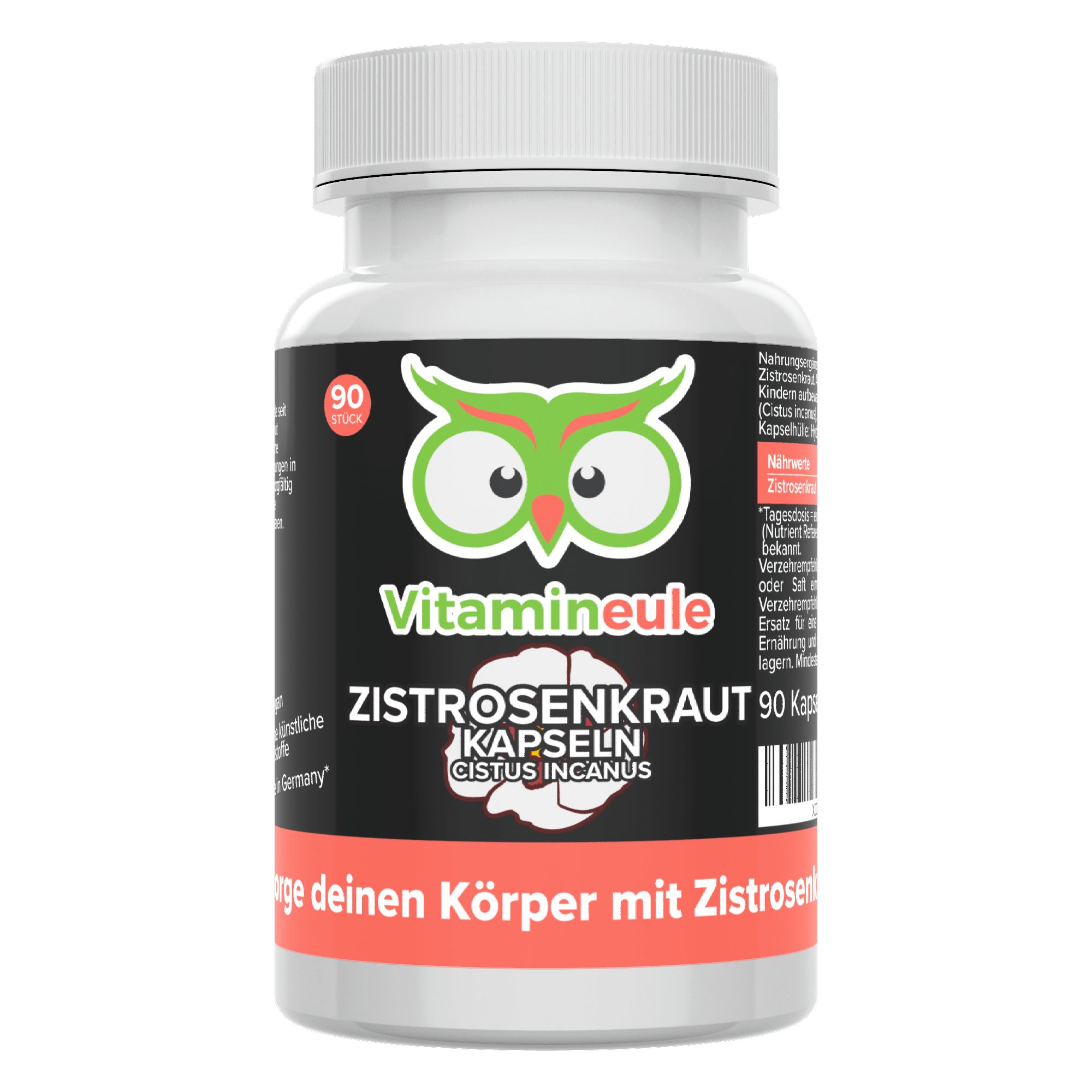 Zistrosenkraut Kapseln in weißer Dose mit grünem Etikett. Enthält 90 Kapseln. Marke: Vitamineule®.