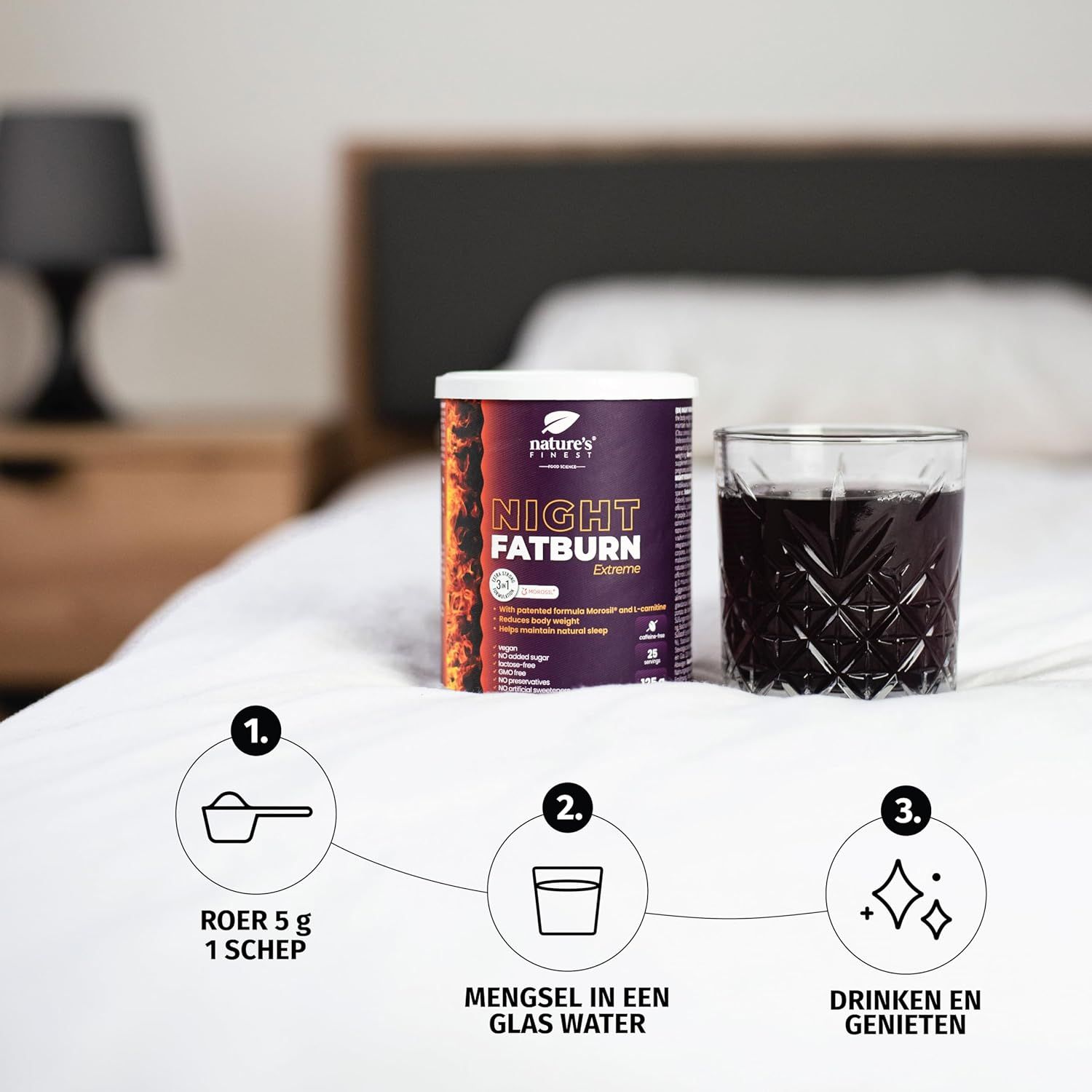 Vrouw met pot Night Fatburn Extreme. 3-in-1 gewichtsverlies actie. Bereidingsstappen.