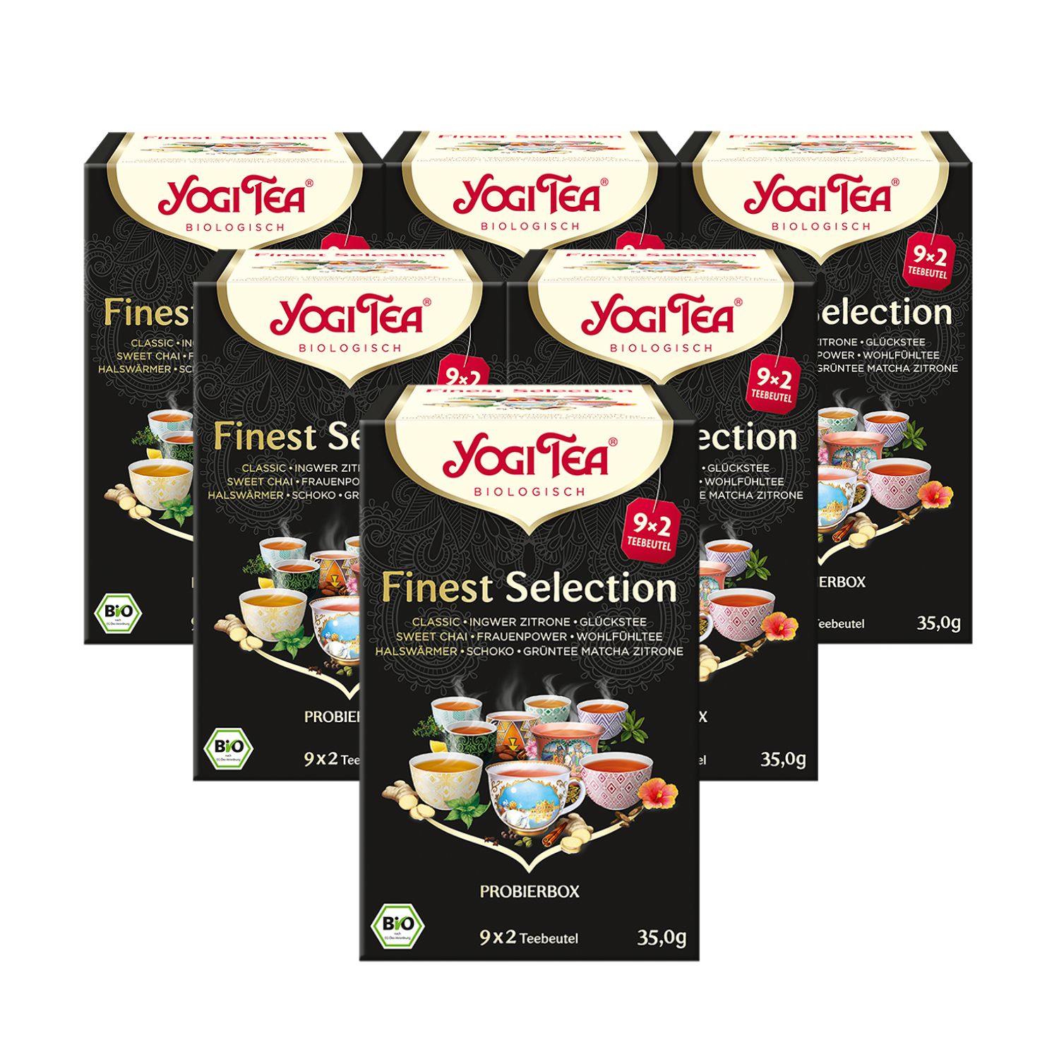Mehrere Schachteln Yogi Tea Finest Selection. Schwarze Verpackung mit Produktabbildung und Logo. Bio-Siegel.