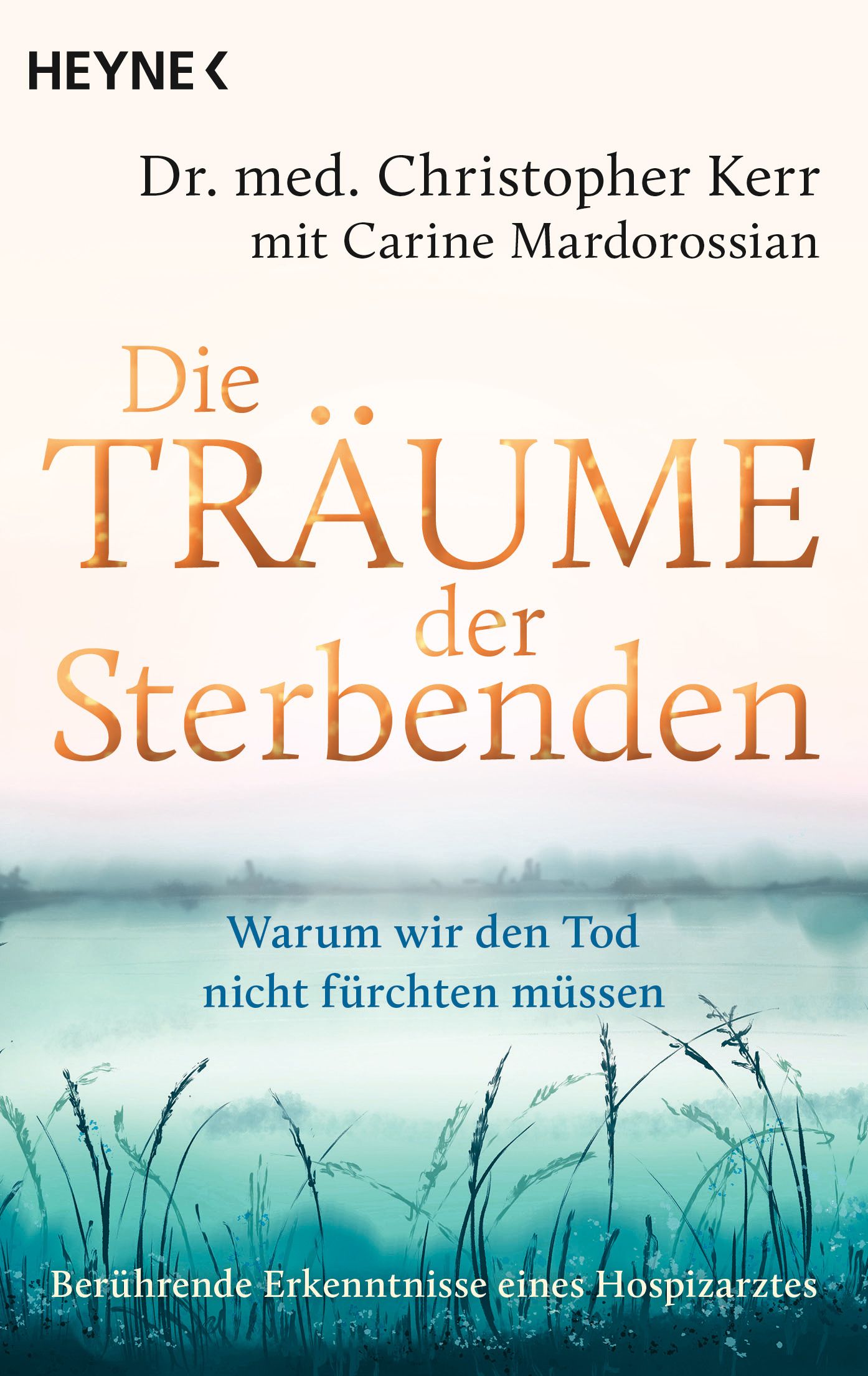 Buchcover mit Titel "Die Träume der Sterbenden". Autor: Dr. med. Christopher Kerr. Verlag: HEYNE. Hintergrund: Landschaft mit Gras und Nebel.
