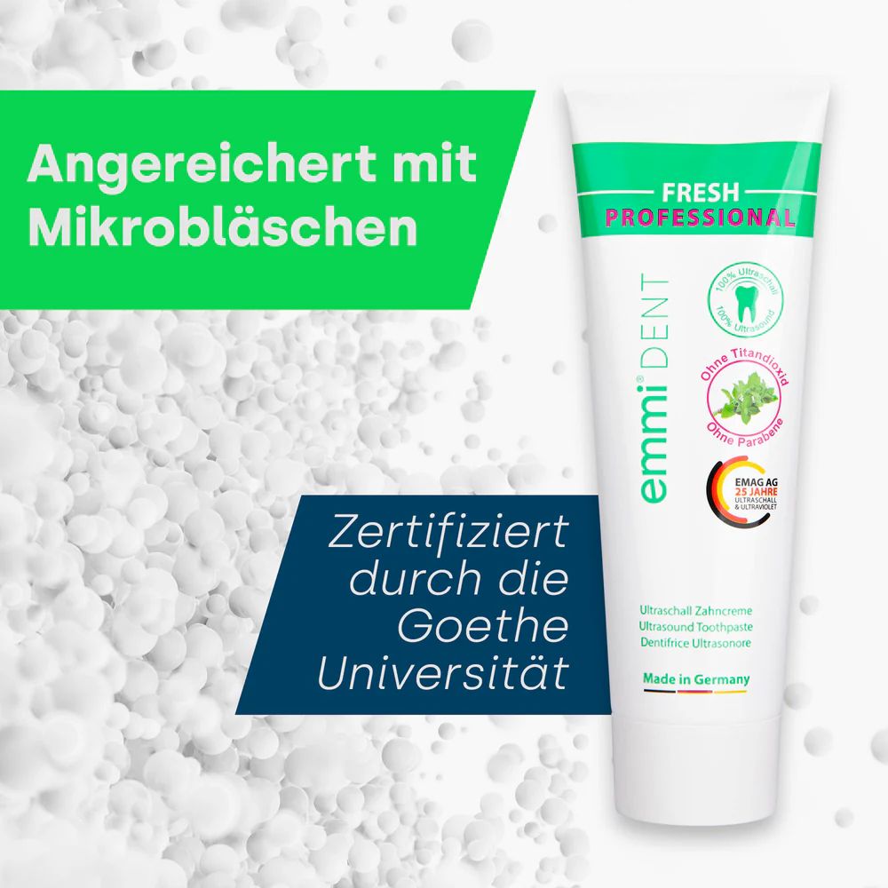 Zahnpasta-Tube. Aufschrift: emmi-dent, fresh. Zertifiziert durch die Goethe Universität.