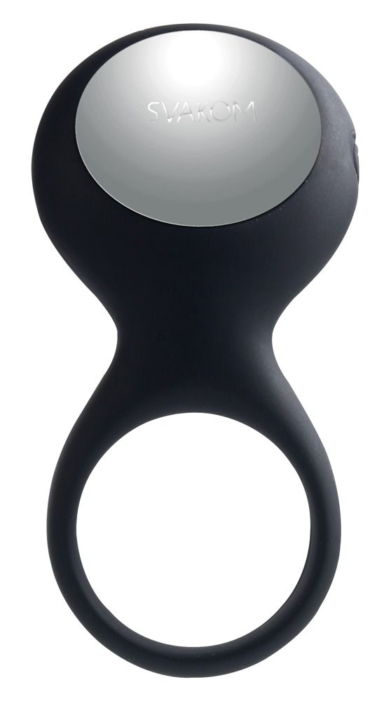 Schwarzer Vibrationsring. Oberteil mit silberner Oberfläche. Ringförmiger Schaft. Marke SVAKOM.