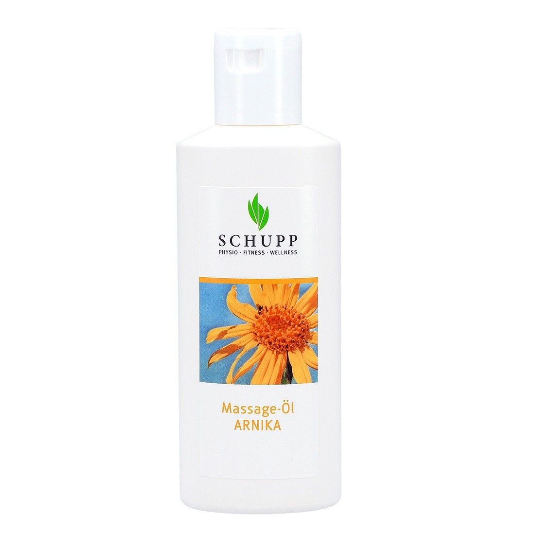 Weiße Flasche mit Klappverschluss. Aufkleber mit Sonnenblumen-Illustration und Schriftzug: Schupp Massage-Öl Arnika.