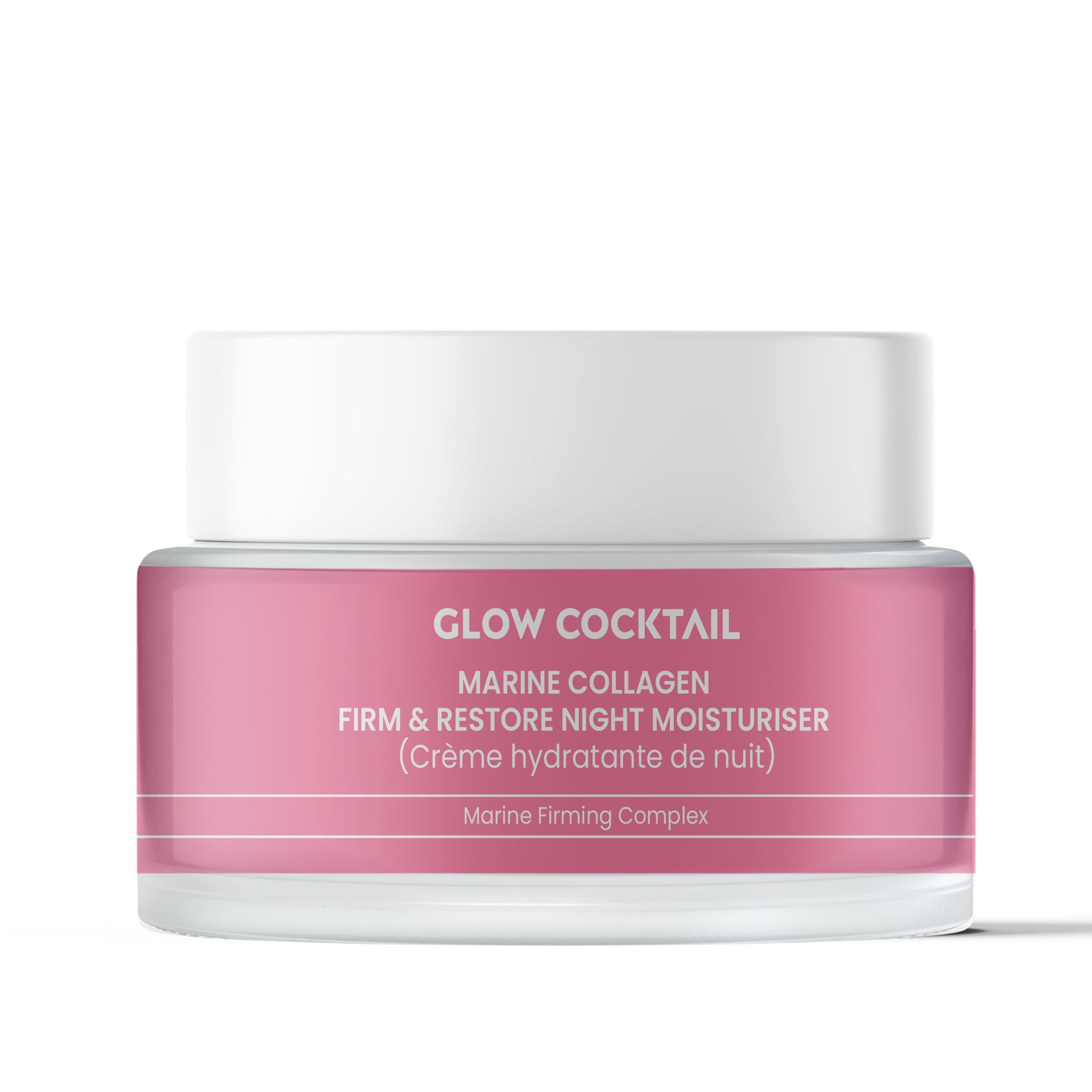 Rosa Creme-Dose. Aufschrift: Glow Cocktail, Marine Collagen Firm & Restore Night Moisturiser. Mit weißem Deckel.