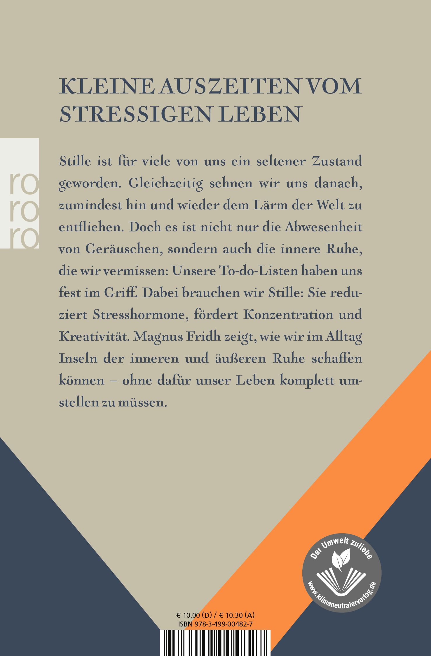 Buchrückseite mit Text. Titel: "KLEINE AUSZEITEN VOM STRESSIGEN LEBEN". ISBN- und Preisangaben unten. Logo: Der Umwelt zuliebe.