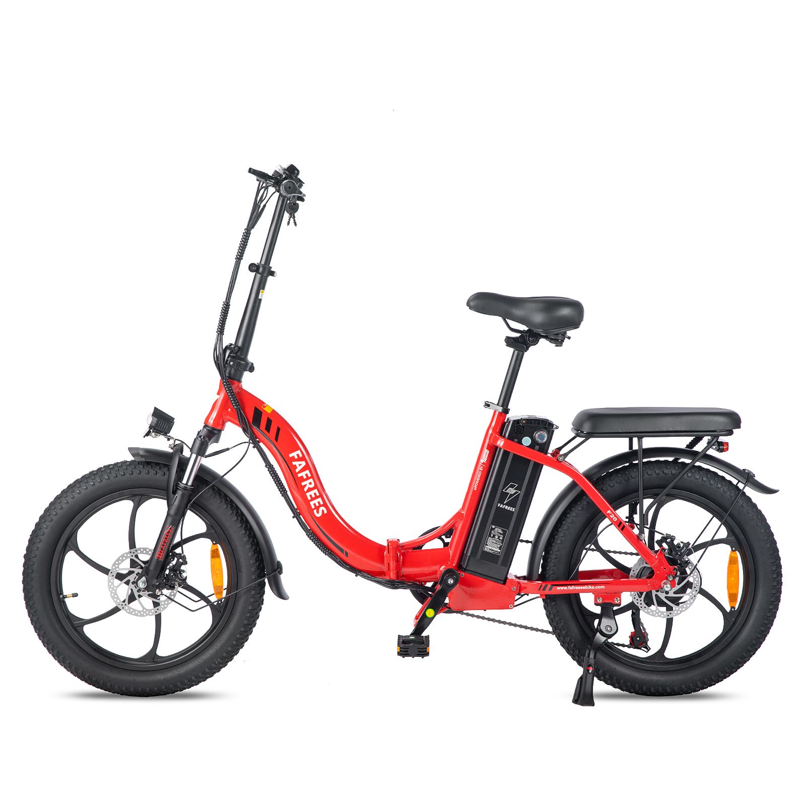 Rotes FAFREES F20 Klapp-E-Bike. Schwarze Reifen, Sattel und Gepäckträger. Akku am Rahmen. Beleuchtung und Schutzbleche.
