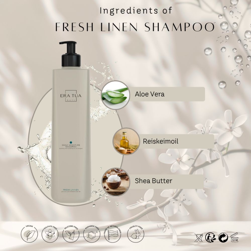 Beige Shampoo-Flasche mit schwarzem Spender. Zutaten: Aloe Vera, Reiskeimöl, Sheabutter. Text: EraTua, Fresh Linen Shampoo.