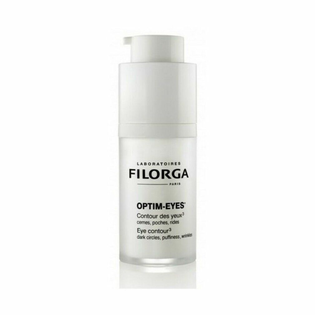 Weißer Filorga Optim-Eyes Augenkonturen Pflege-Spender. Mit Pumpkopf und Produktbezeichnung.