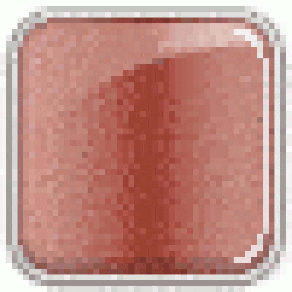 Quadratischer, glänzender Lippenstift-Farbton in Braunrot, mit silbernem Rahmen.
