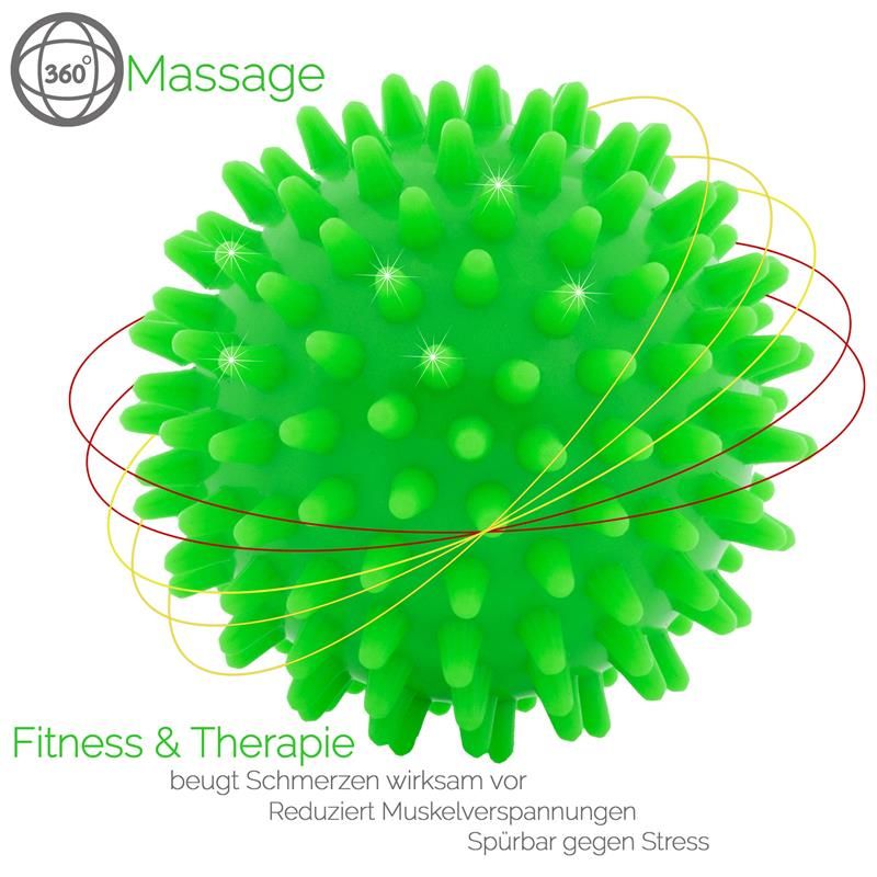 Grüner Massageball mit Noppen. Text: Fitness & Therapie, 360° Massage. Reduziert Muskelverspannungen, gegen Stress.