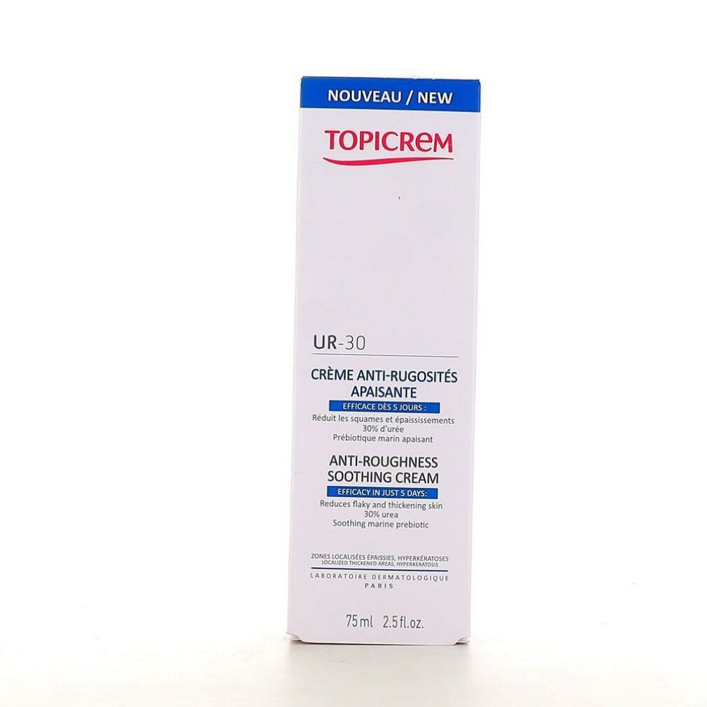 Weiße Schachtel mit blauer und roter Schrift. Oben steht "TOPICREM". Darunter "UR-30 CRÈME ANTI-RUGOSITÉS APAISANTE".