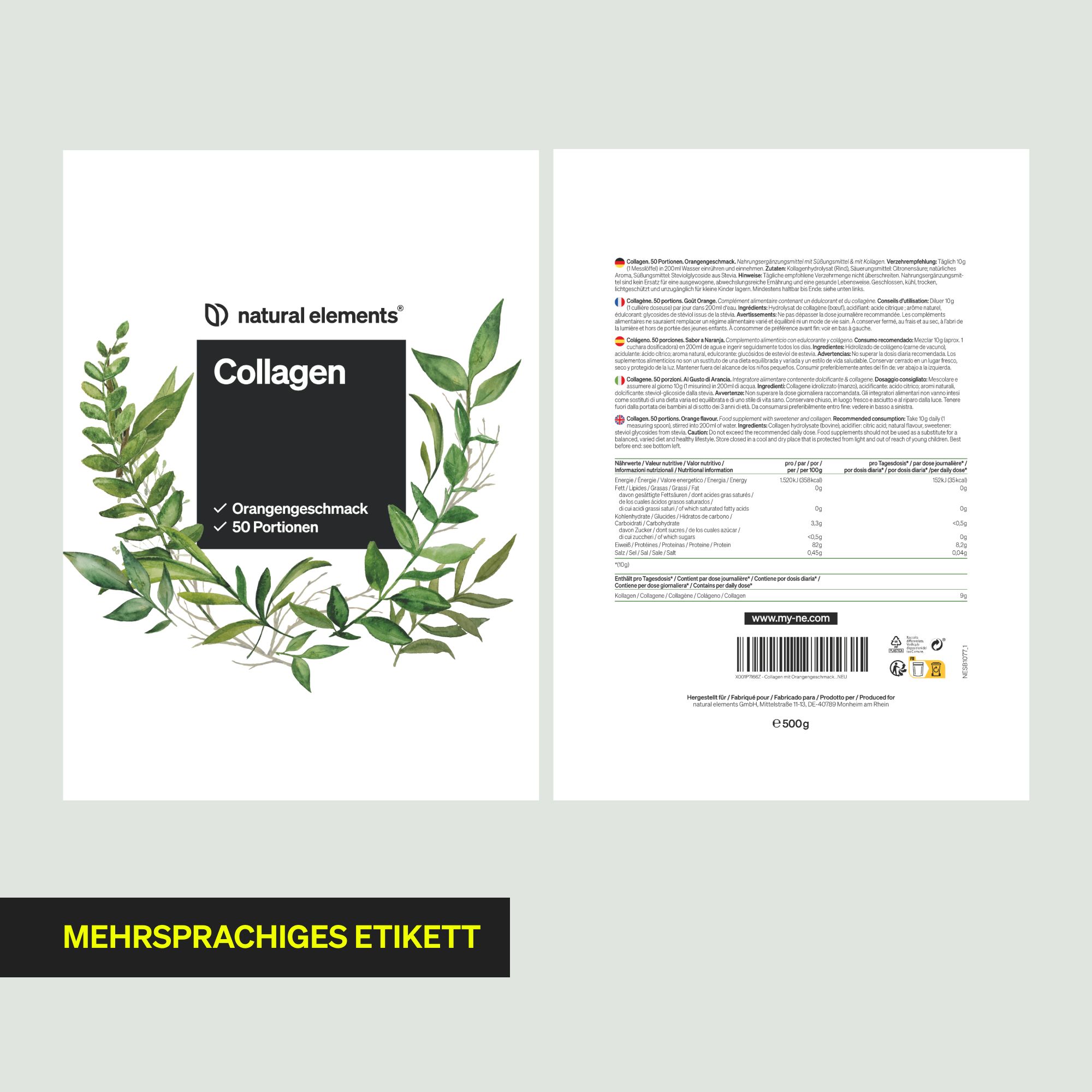 Etikett mit "natural elements" und "Collagen". Text in mehreren Sprachen. Rückseite mit Nährwertangaben und Inhaltsstoffen.
