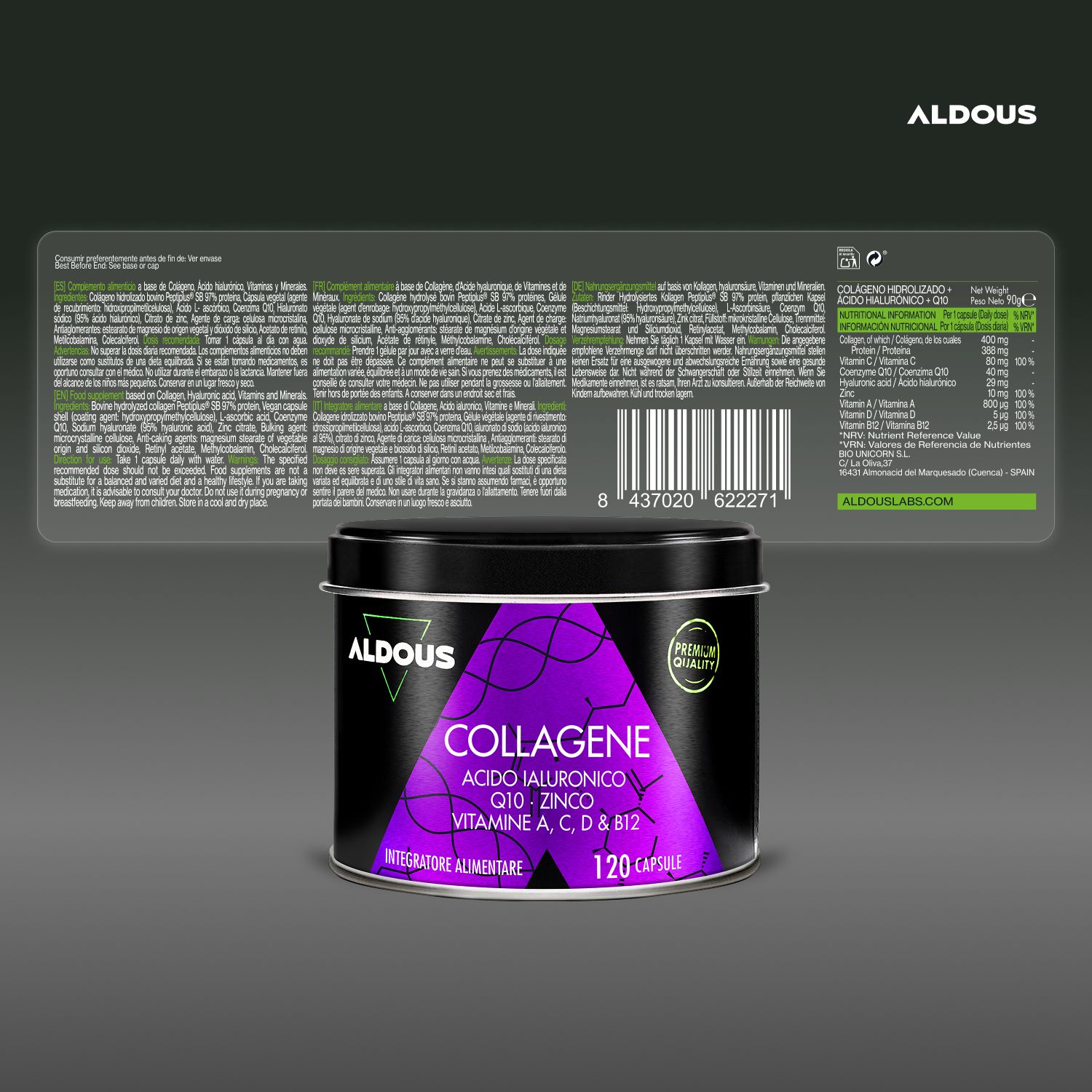 Dose Aldous Collagene mit Zutatenliste und Barcode. Enthält Kollagen, Hyaluronsäure, Zink und Vitamine.