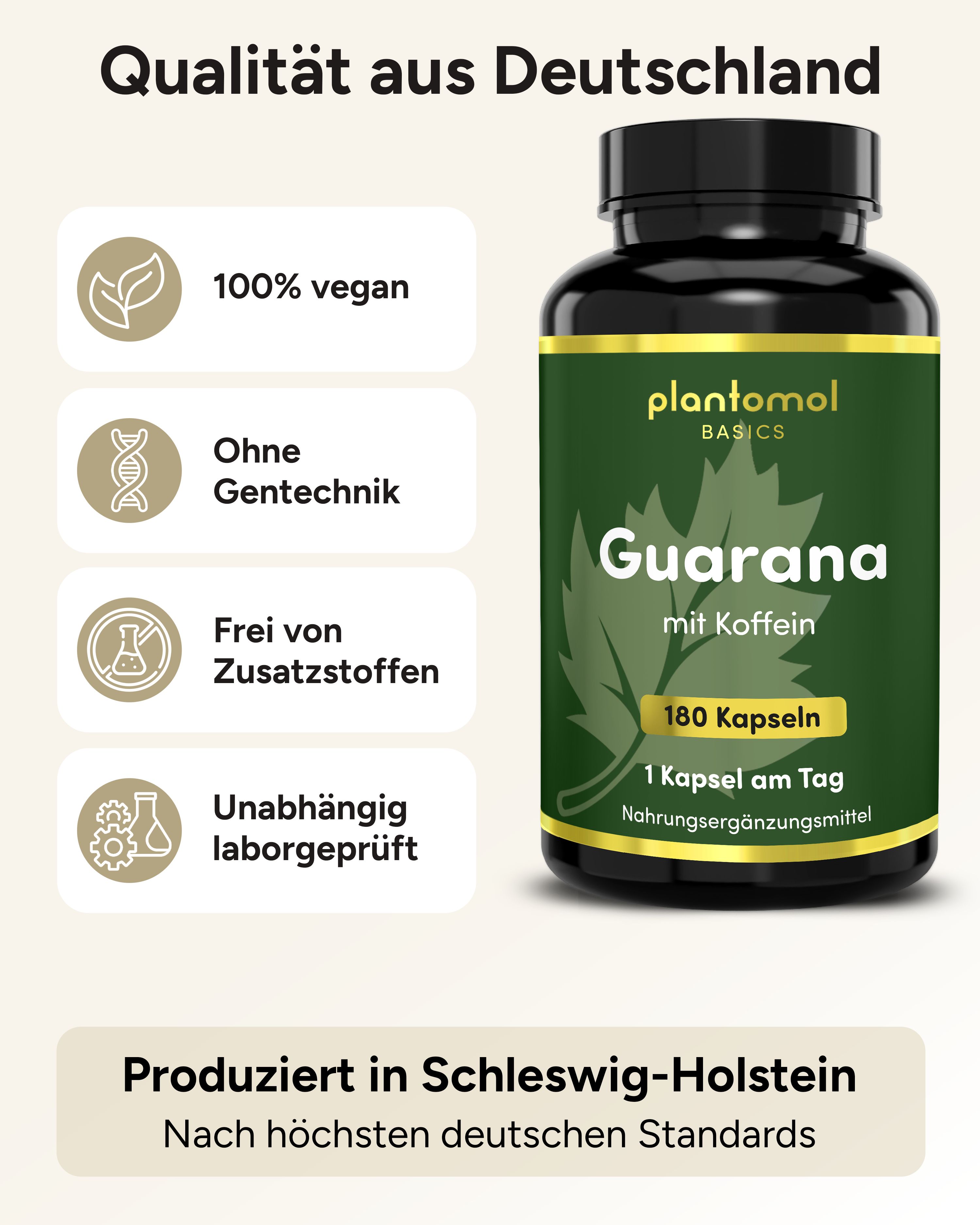 Braune Flasche plantomol® Basics Guarana mit Koffein. 180 Kapseln. 1 Kapsel am Tag. 100% vegan, ohne Gentechnik, ohne Zusatzstoffe.