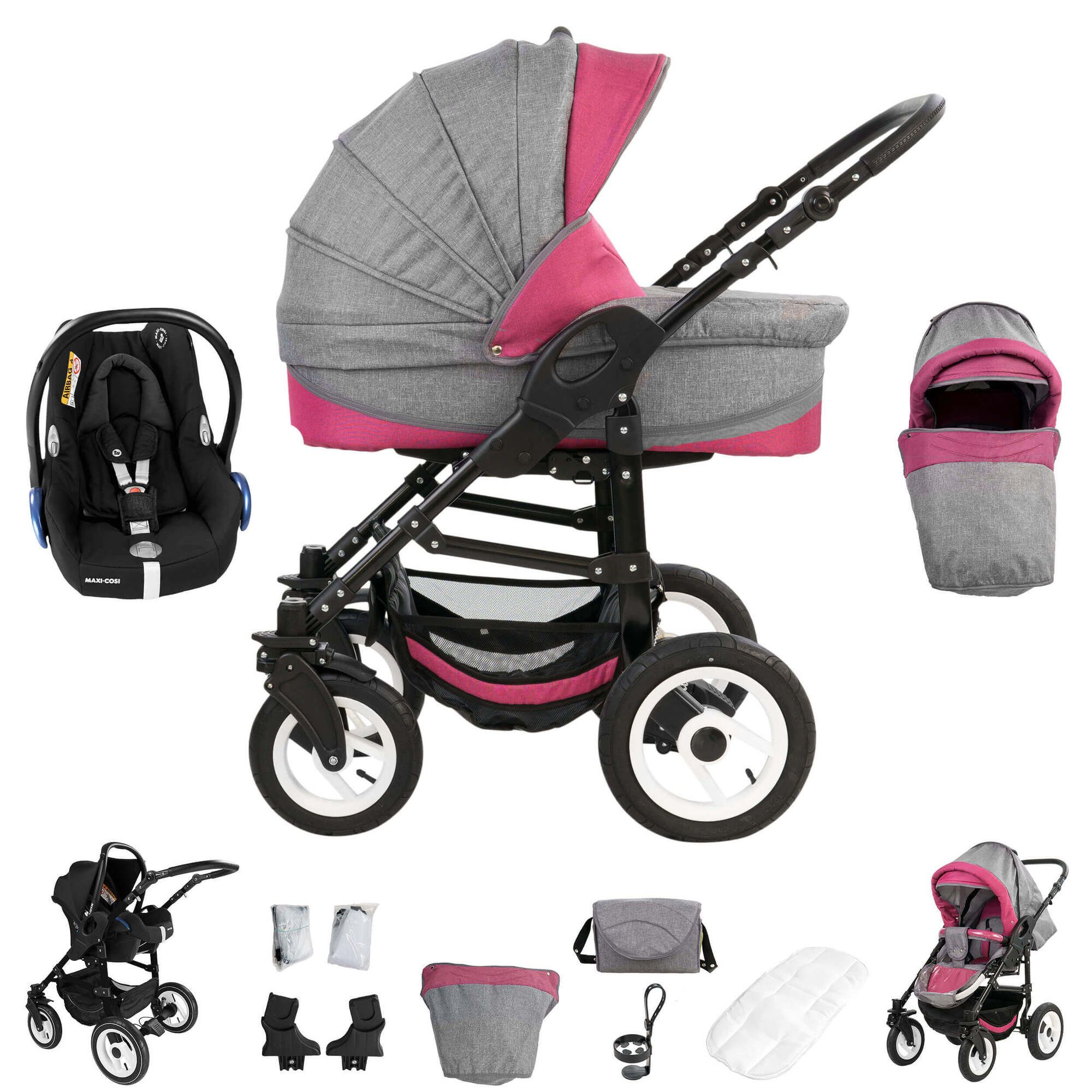 Bebebi Florenz 3 in 1 Kinderwagen Set mit Original Maxi Cosi, Luftreifen, Davanzati Pink Black