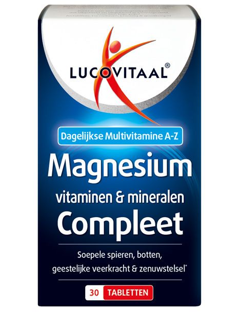 Verpackung von Lucovitaal Magnesium, Vitaminen & Mineralien Compleet. Enthält 30 Tabletten. Blaue und weiße Verpackung mit Text.