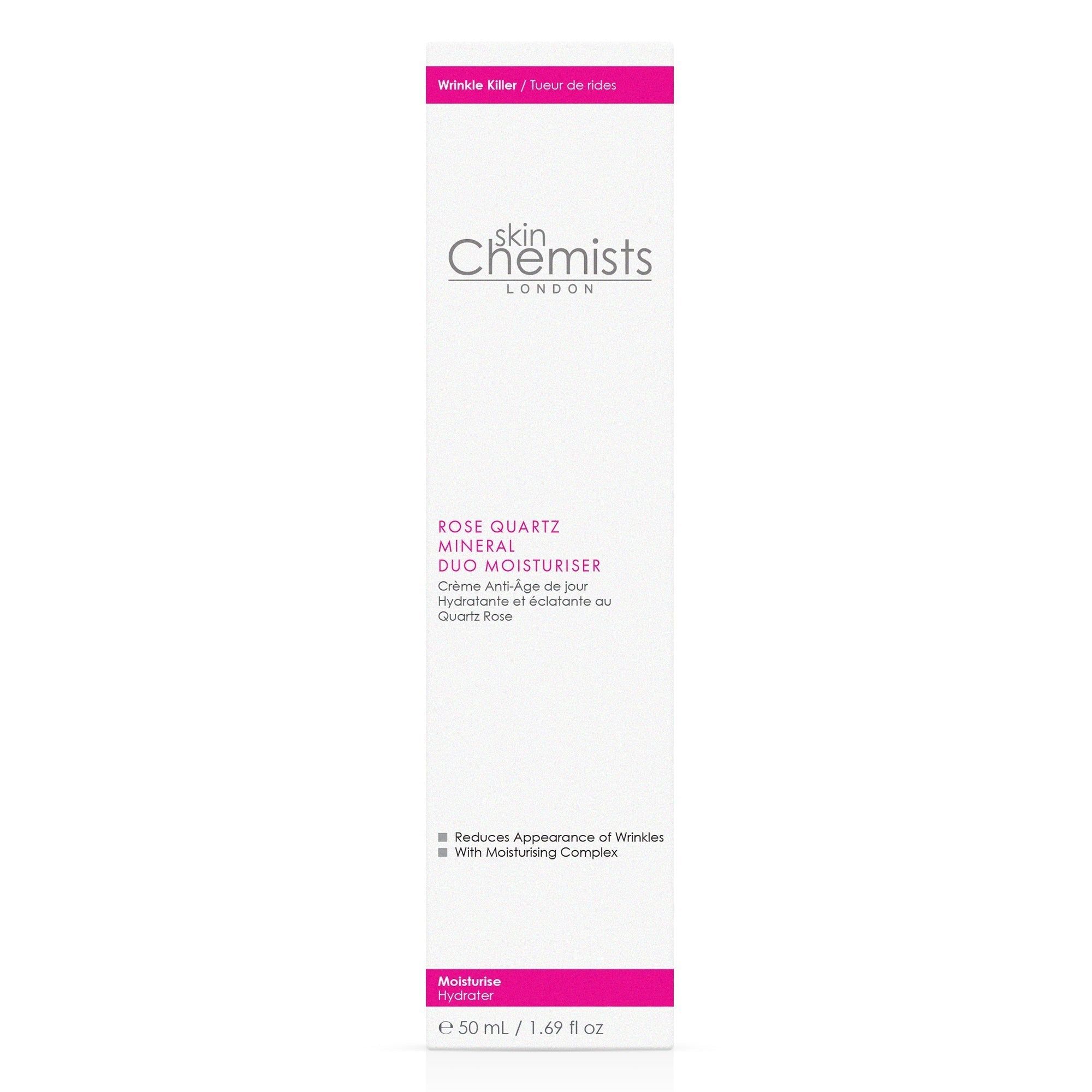 Weiße Verpackung mit 'skinChemists LONDON'. Text: 'Rose Quartz Mineral Duo Moisturiser'. Unten: '50 ml / 1.69 fl oz'. Rosa Akzent.