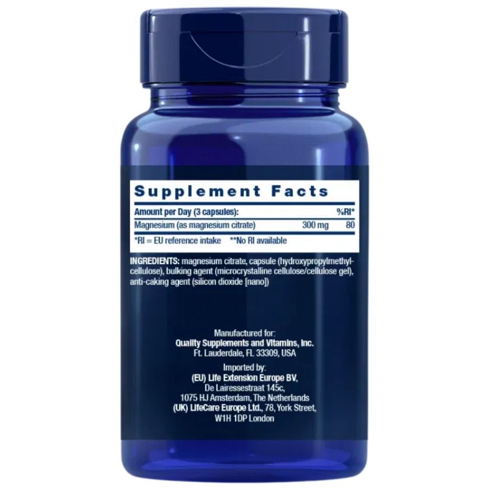 Rückseite einer blauen Flasche mit Life Extension Magnesium (Citrat) 100 mg. Zeigt Nährwertangaben und Inhaltsstoffe.