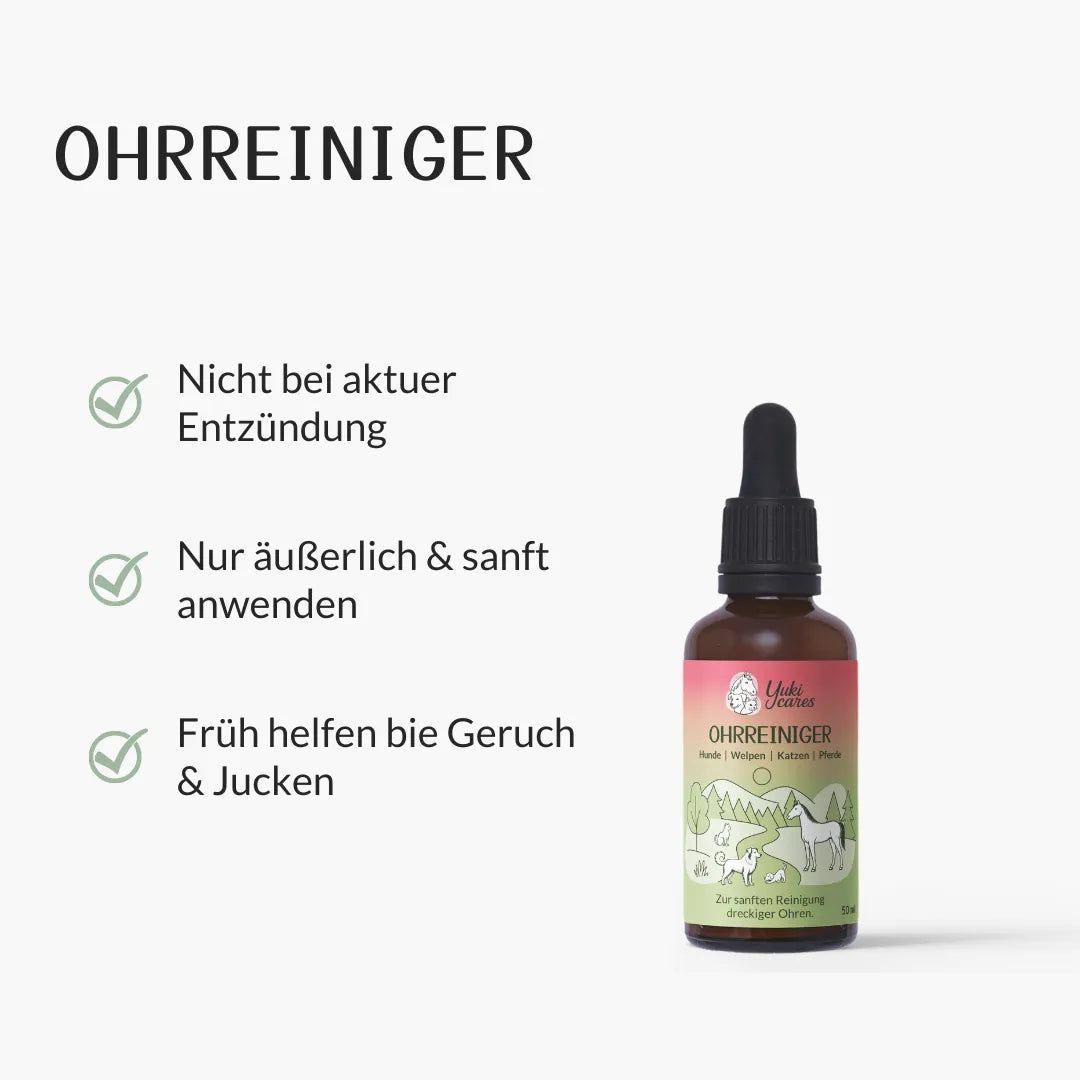 Braune Flasche mit Tropfer. Etikett: Ohrreiniger. Grüne Check-Symbole mit Text. Nicht bei akuter Entzündung.