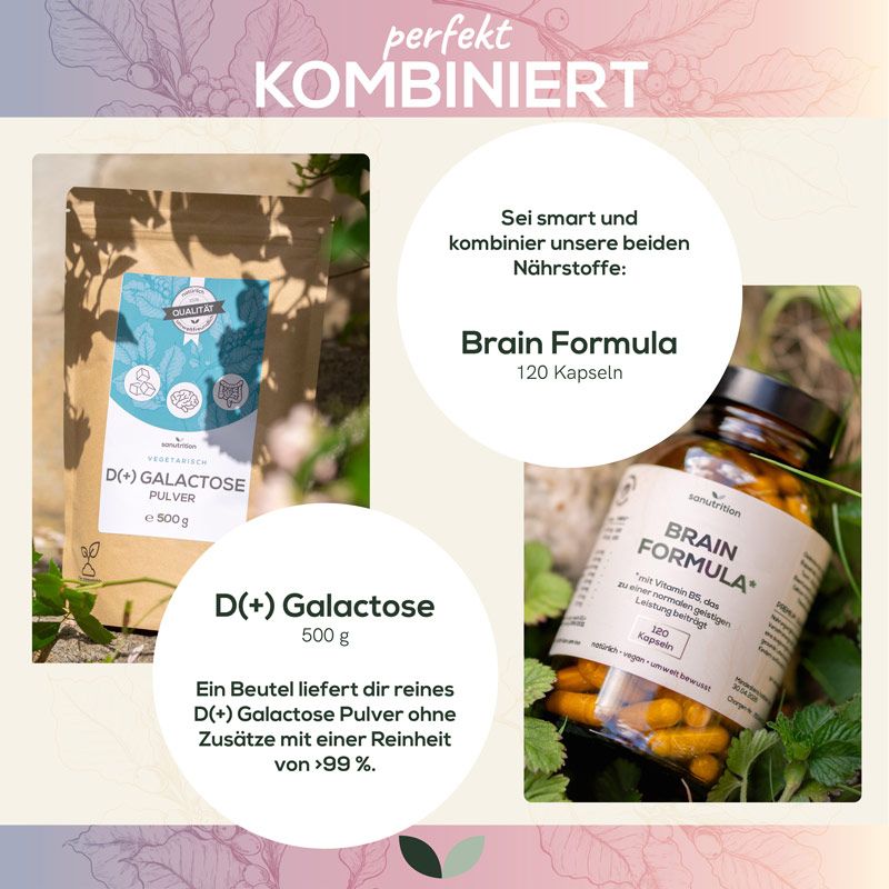 Kombination von "Brain Formula" und D(+) Galactose. Braune Flasche "Brain Formula" und Beutel D(+) Galactose.