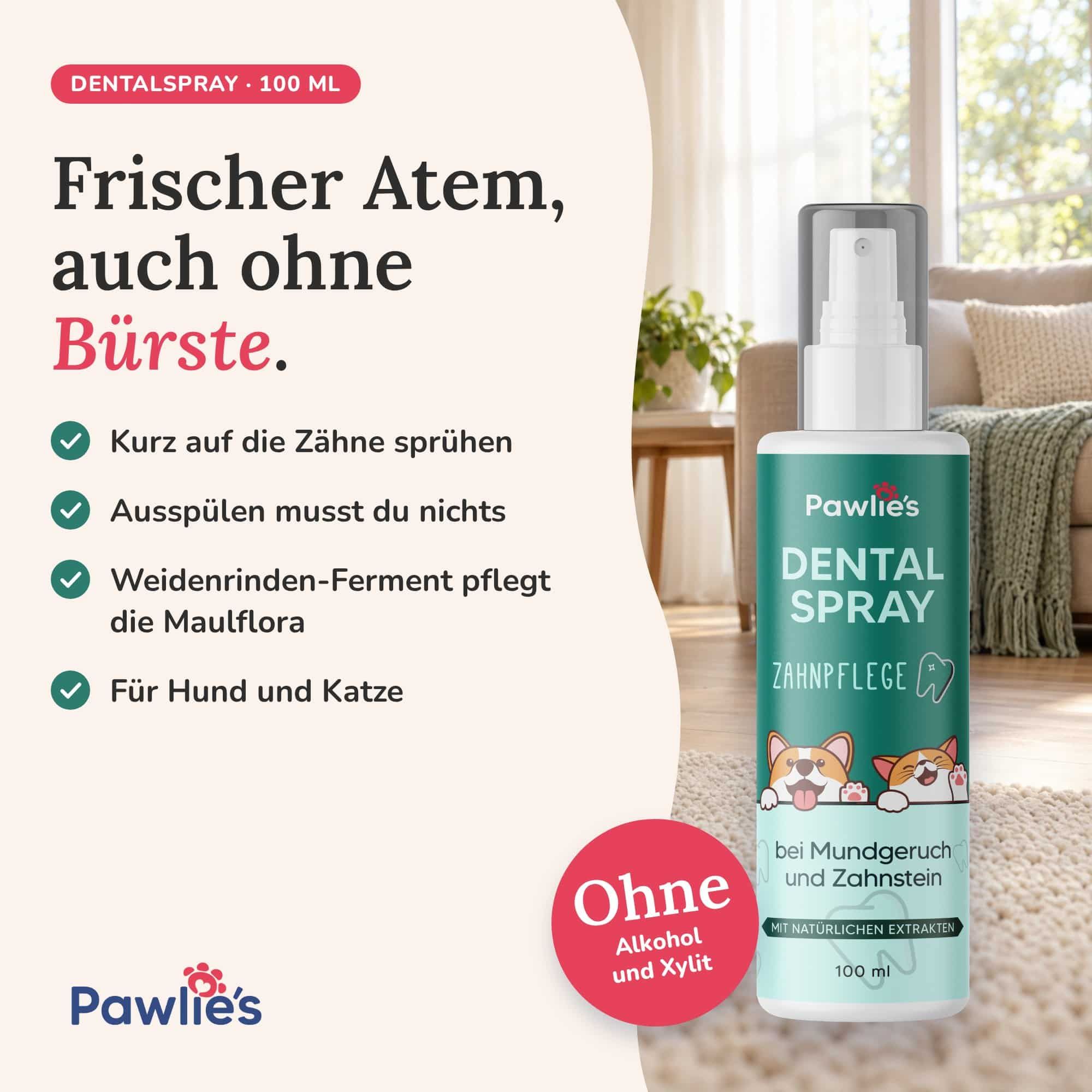Pawlie's Dental Spray Flasche, 100 ml, für Hunde und Katzen.