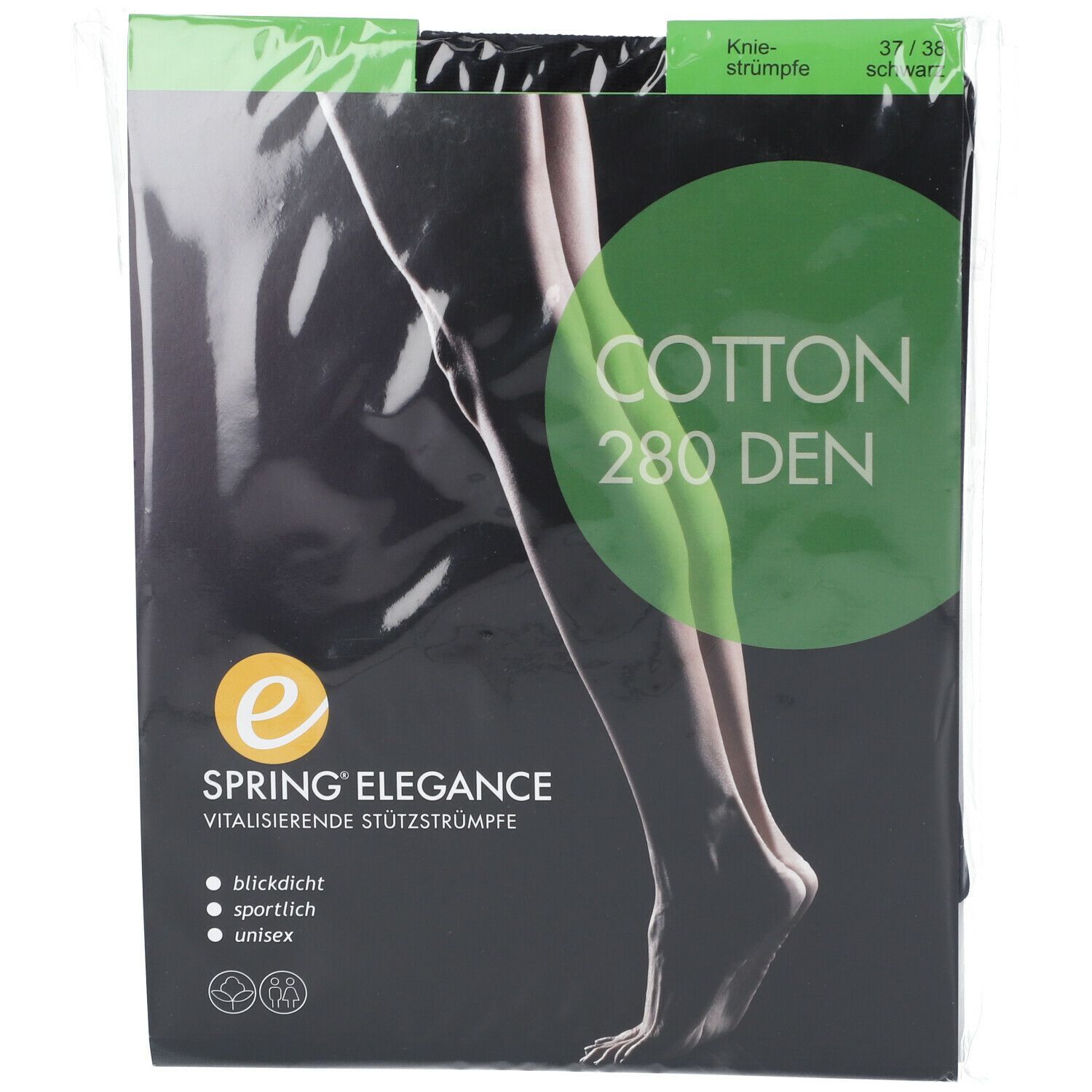 Schwarze Kniestrümpfe in Verpackung. Aufdruck: Cotton 280 DEN, Größe 37/38. Marke: SPRING ELEGANCE.