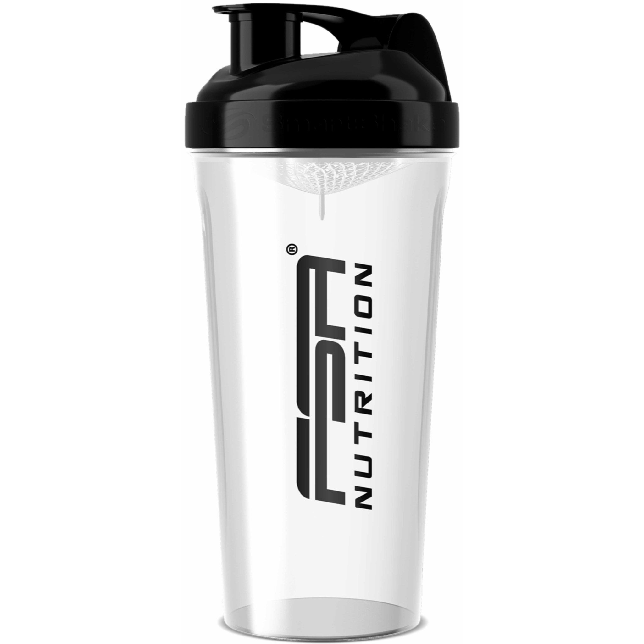 Transparenter Shaker mit schwarzem Deckel. FSA NUTRITION Logo. Integriertes Sieb.