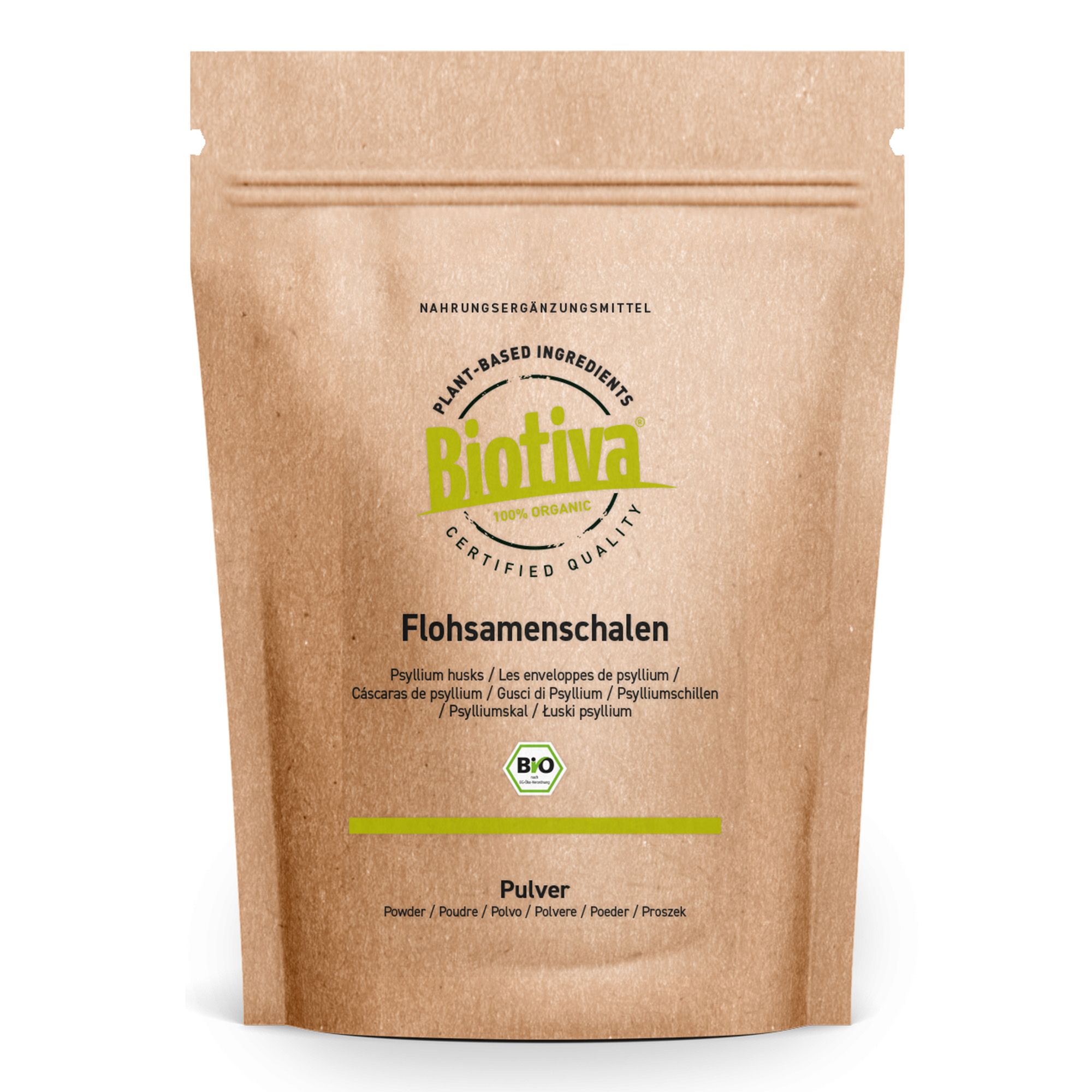 Braune Papierverpackung mit Produktinformationen. Text: Flohsamenschalen, Biotiva, Bio-Siegel.