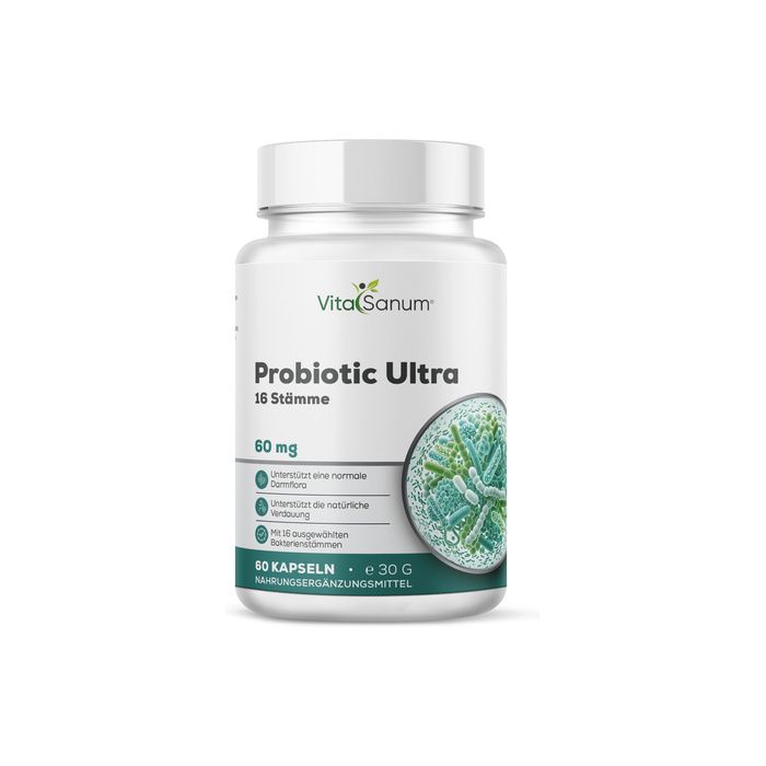VitaSanum Probiotic Ultra Behälter: Vorderseite mit Logo, 16 Stämmen, 60 mg und mikroskopischer Darstellung von Bakterien.