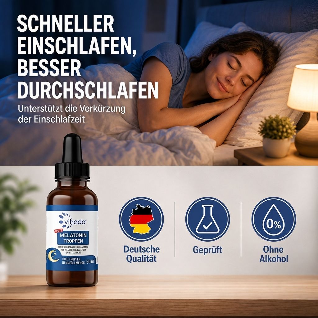 Vihado Melatonin Tropfen Flasche neben Icons für deutsche Qualität, Prüfung und alkoholfrei.
