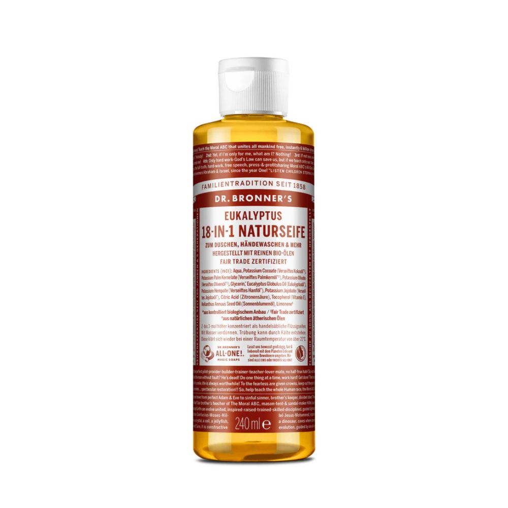 Braune Flasche mit weißem Deckel. Aufschrift: Dr. Bronner's Eukalyptus 18-in-1 Naturseife. 240ml.