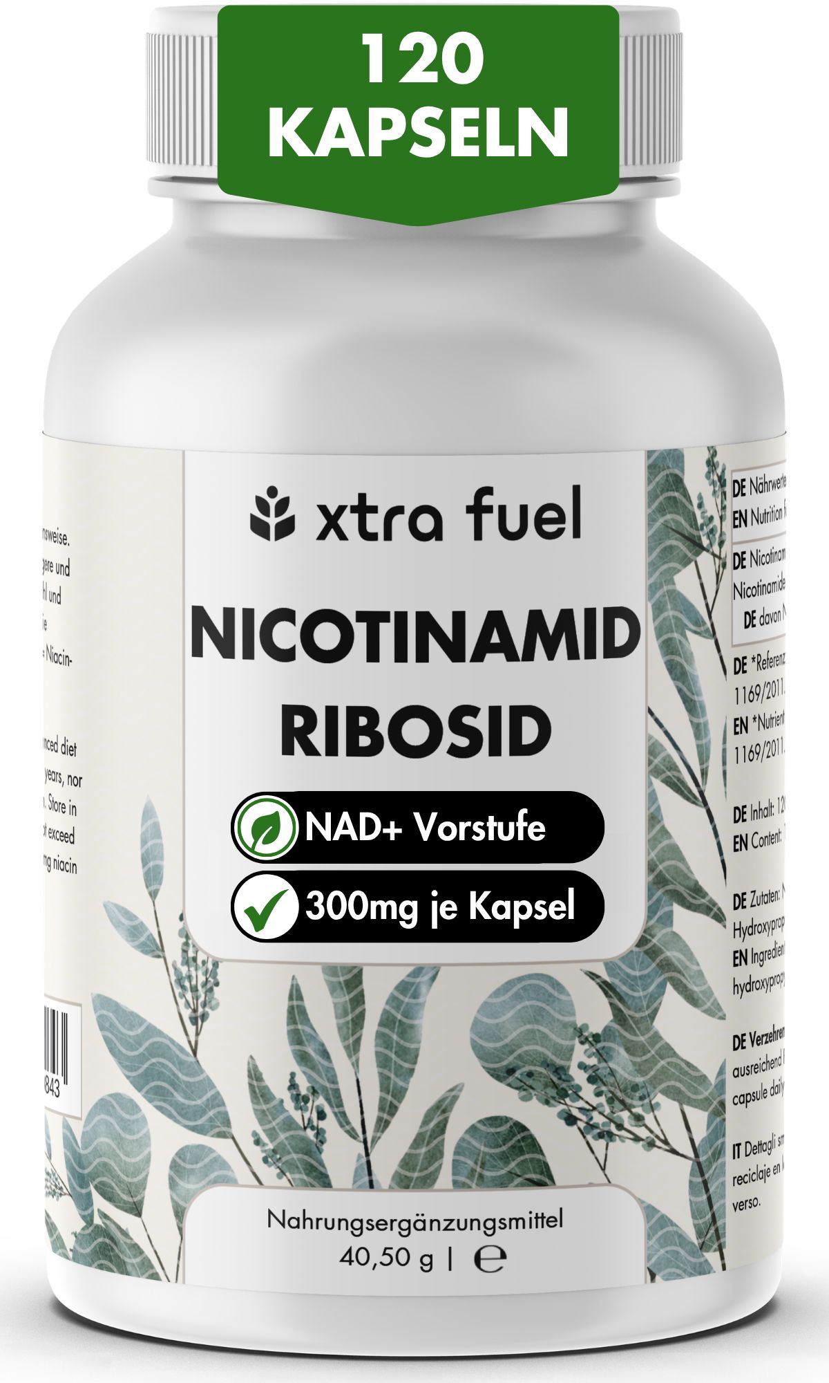 Flasche mit 120 Kapseln Nicotinamid Ribosid, 300mg je Kapsel.