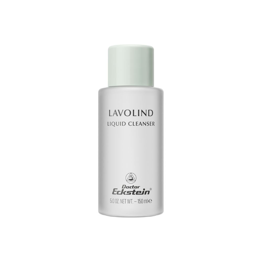 Zylindrische Flasche mit hellgrünem Deckel. Aufschrift: Lavolind Liquid Cleanser. Logo und Schriftzug Doctor Eckstein.