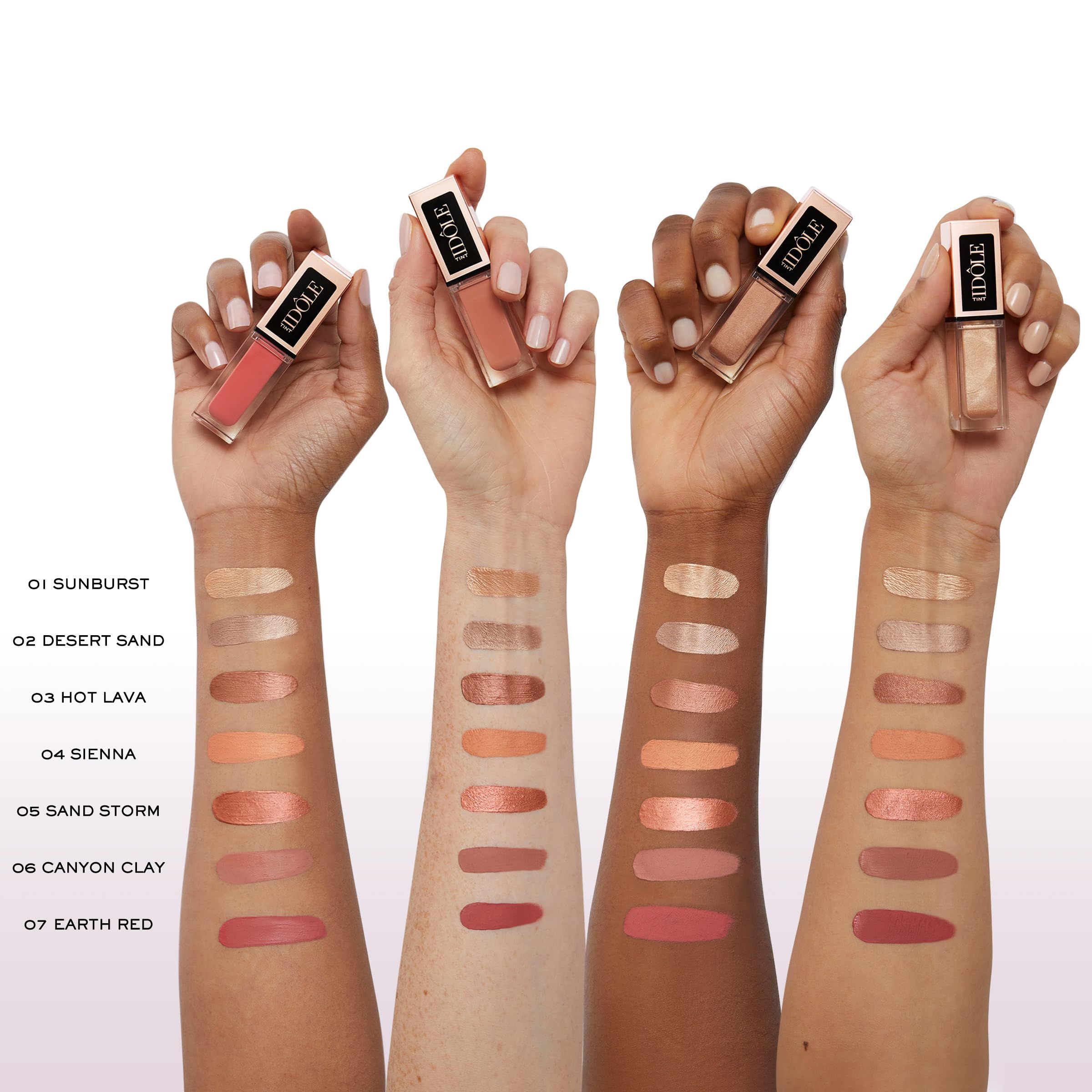 Hände mit Farbmustern von Lancôme Idôle Tint. Text: "01 Sunburst" bis "07 Earth Red".