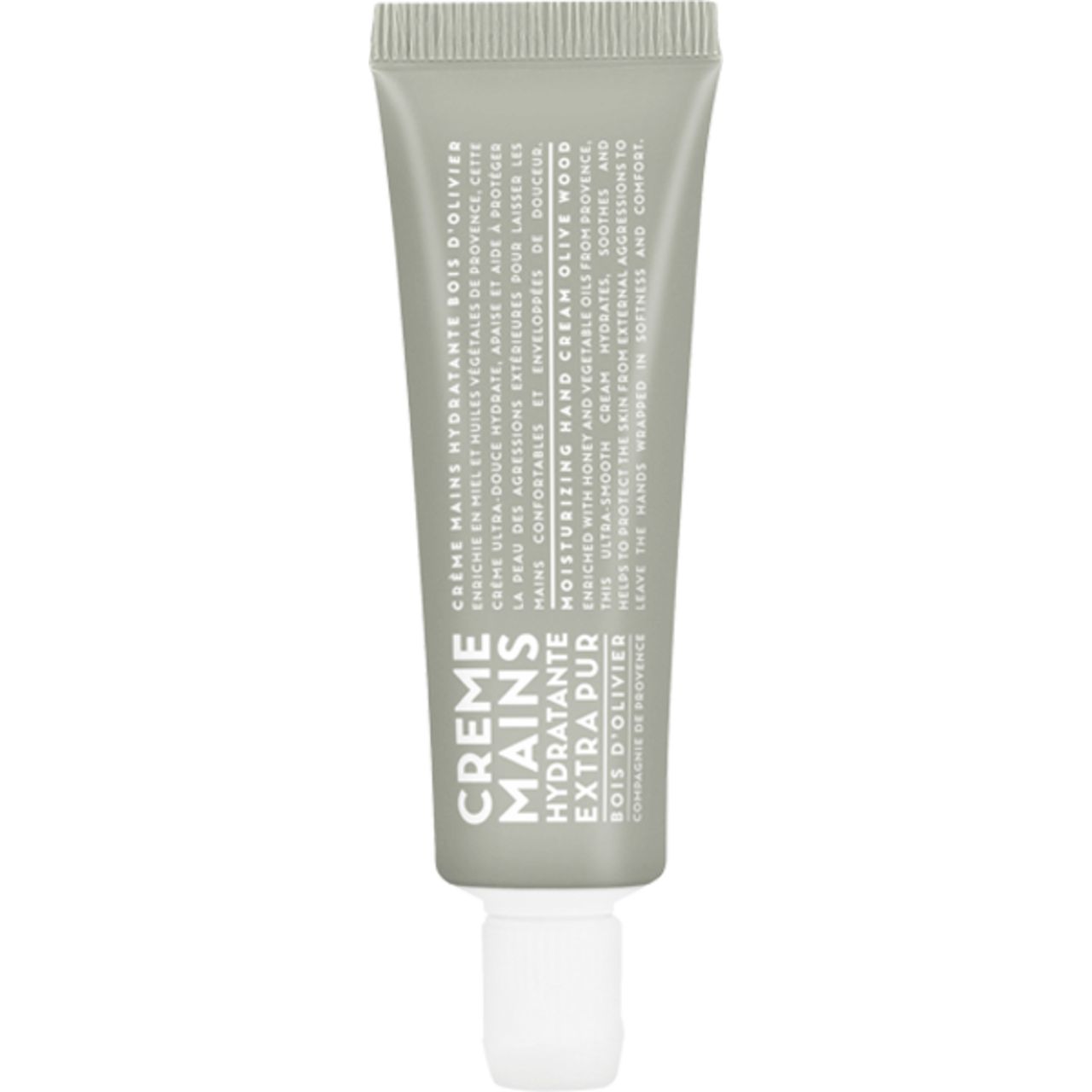 Graue Tube Handcreme, "Crème Mains Hydratante Extra Pur". Text auf Französisch und Englisch. Weißer Verschluss.