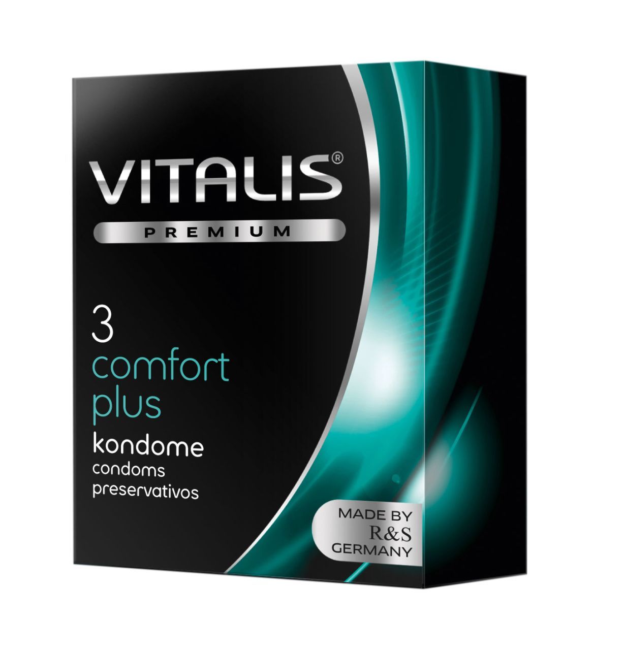 Schwarze Schachtel "VITALIS PREMIUM Comfort Plus" mit 3 Kondomen. Aufdrucke in mehreren Sprachen, "Made by R&S Germany".