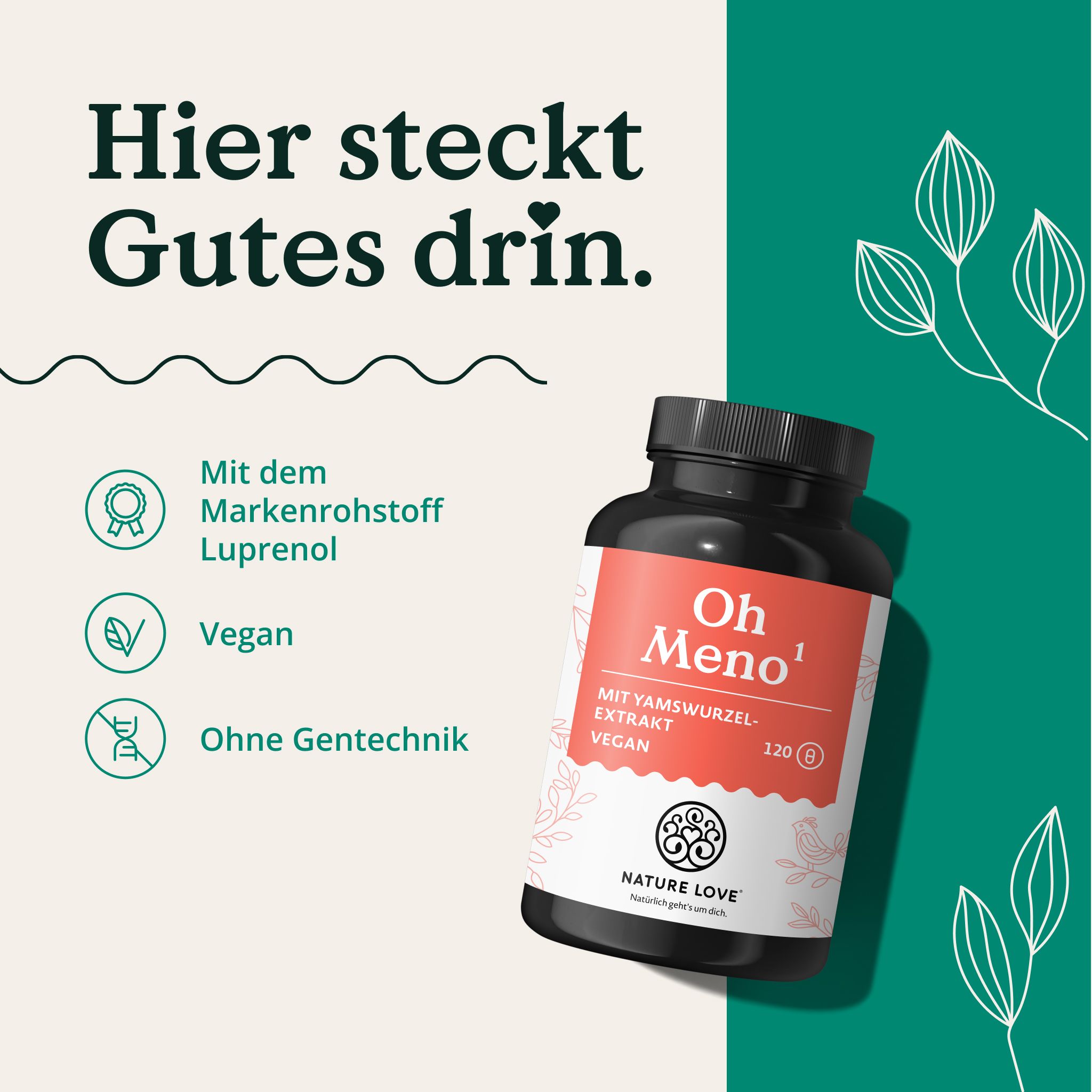 Eine Flasche Oh Meno von NATURE LOVE mit Siegeln für Vegan und Ohne Gentechnik.