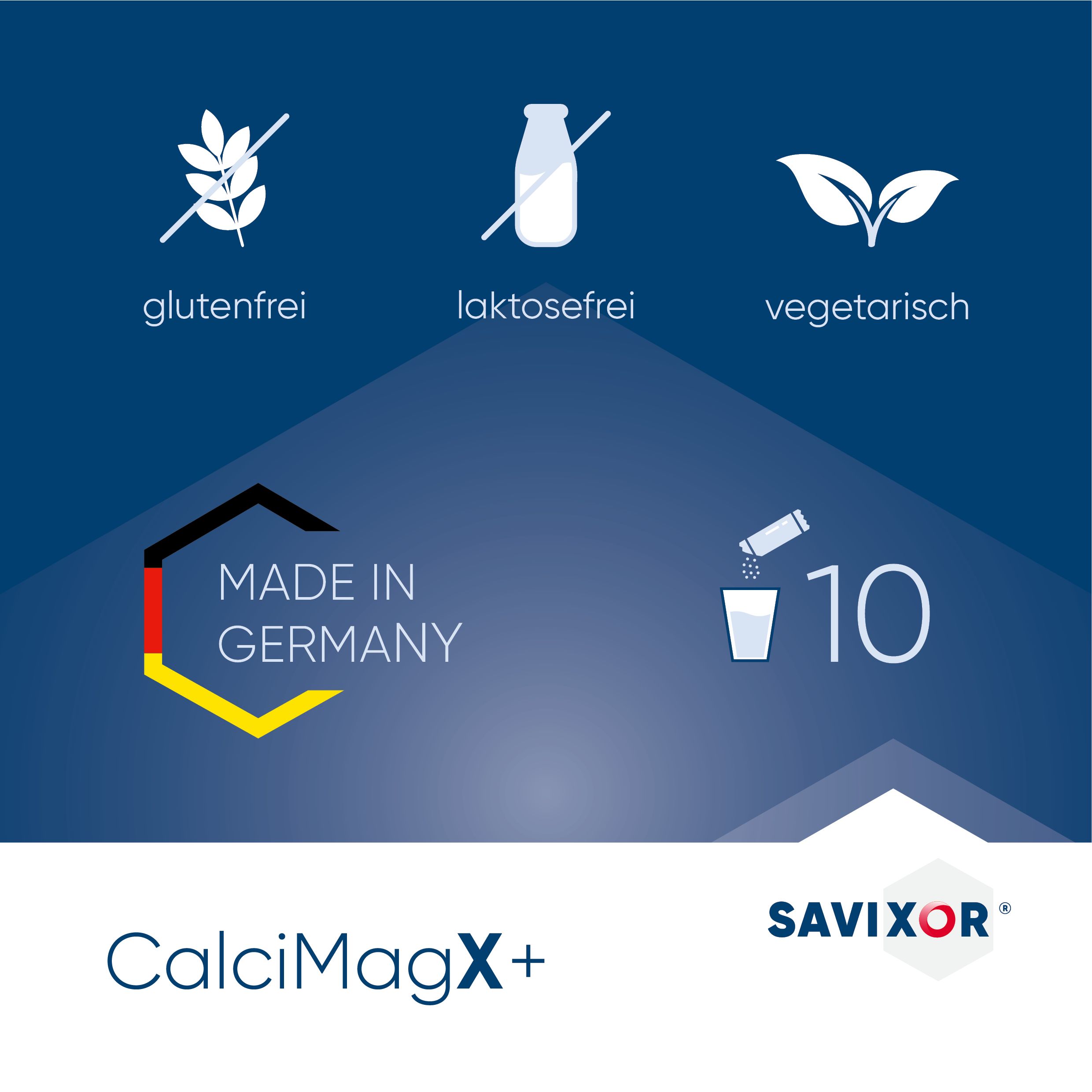Grafik mit Symbolen: glutenfrei, laktosefrei, vegetarisch. Made in Germany. Savixor Logo.