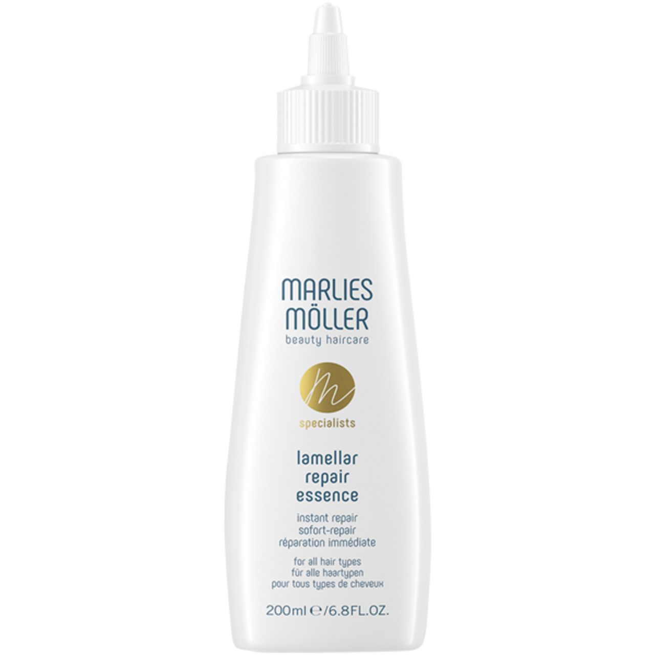 Weiße Flasche mit Spitze. Aufschrift: Marlies Möller, Lamellar Repair Essence. Für alle Haartypen.