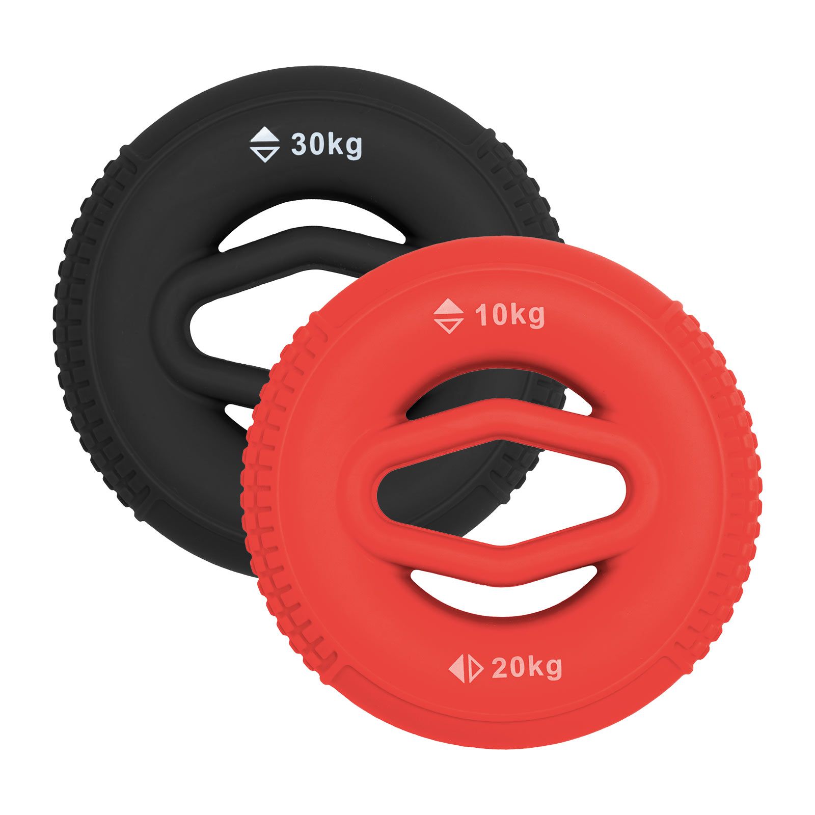Zwei Ringe, schwarz und rot, mit Griffen. Der schwarze Ring hat 30 kg, der rote 10 kg und 20 kg.