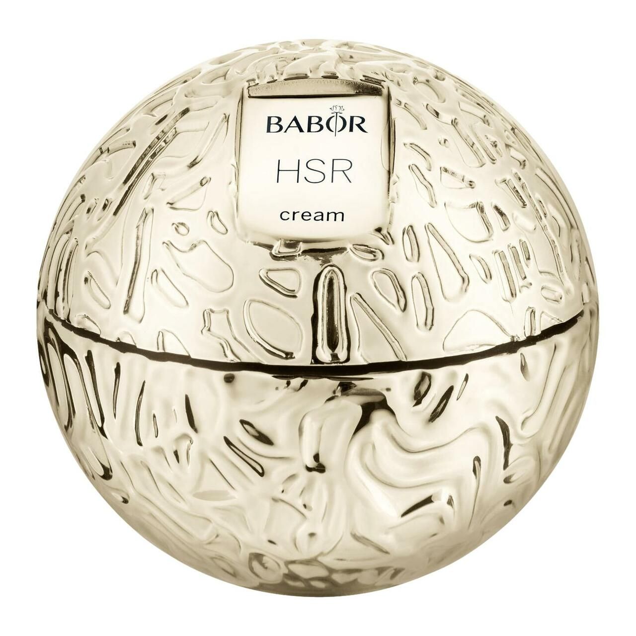 Goldfarbener Tiegel mit Babor-Logo und HSR cream-Schriftzug. Kugelform mit geprägtem Muster.