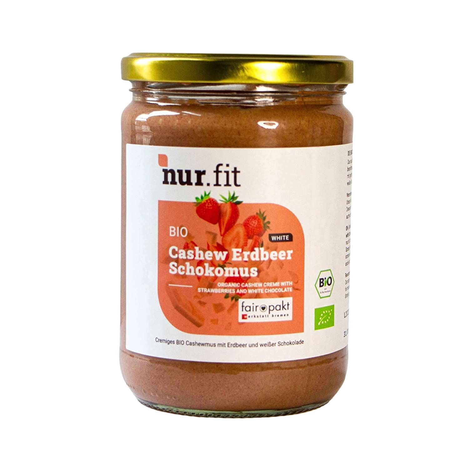 Glas mit Cashew Erdbeer Schokomus. Etikett mit Produktnamen, Erdbeeren und BIO-Siegel. Goldener Deckel.