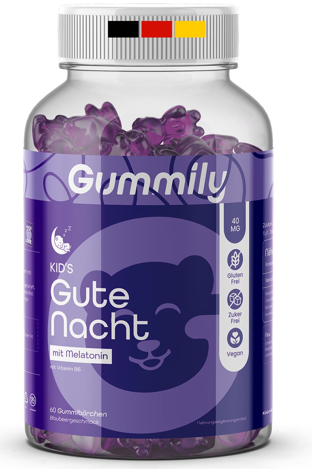 Gummily® Kinder Schlaf Melatonin Gummibärchen. Glasflasche mit lila Etikett. Aufschrift: Gute Nacht, mit Melatonin. 60 Gummibärchen.