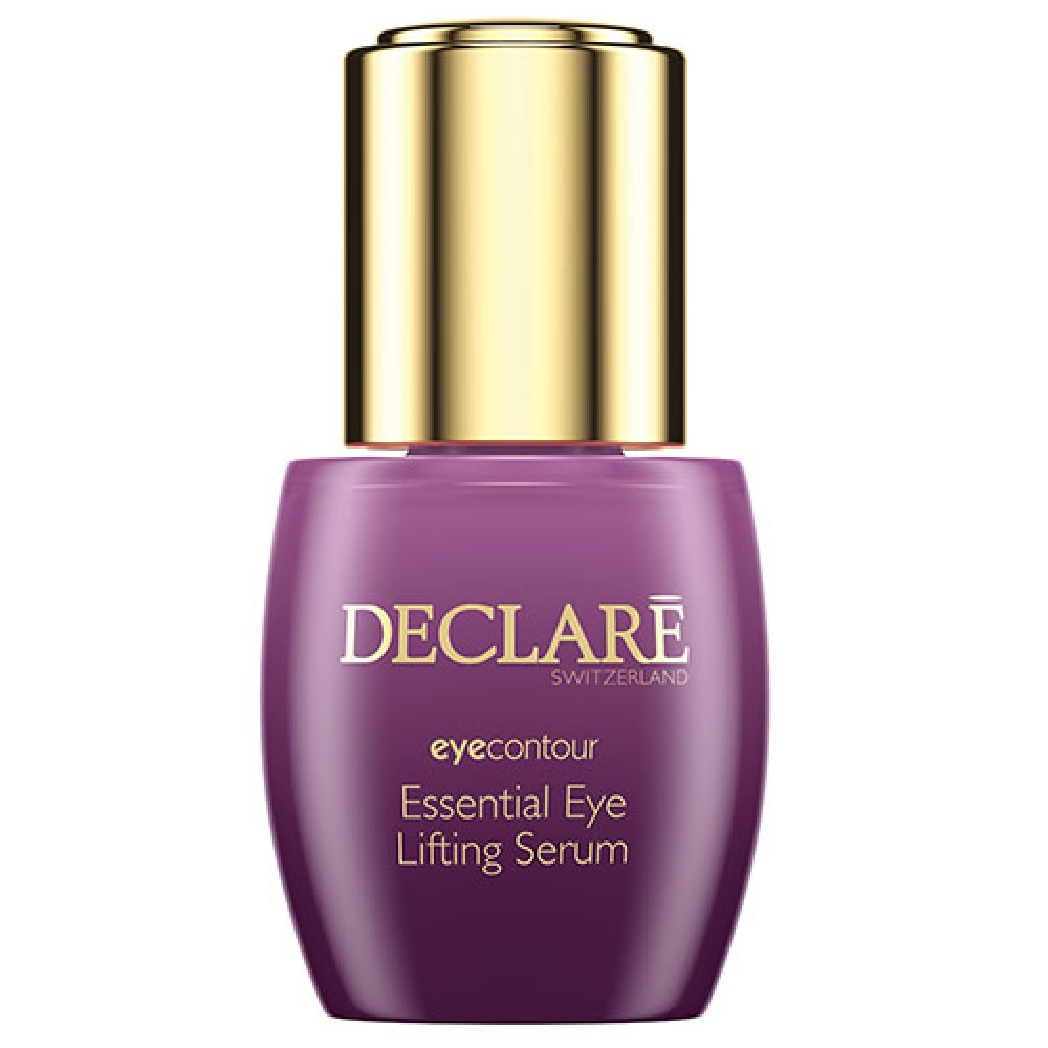 Flacone viola con tappo dorato. Scritta: DECLARÉ SWITZERLAND, eyecountour, Essential Eye Lifting Serum.