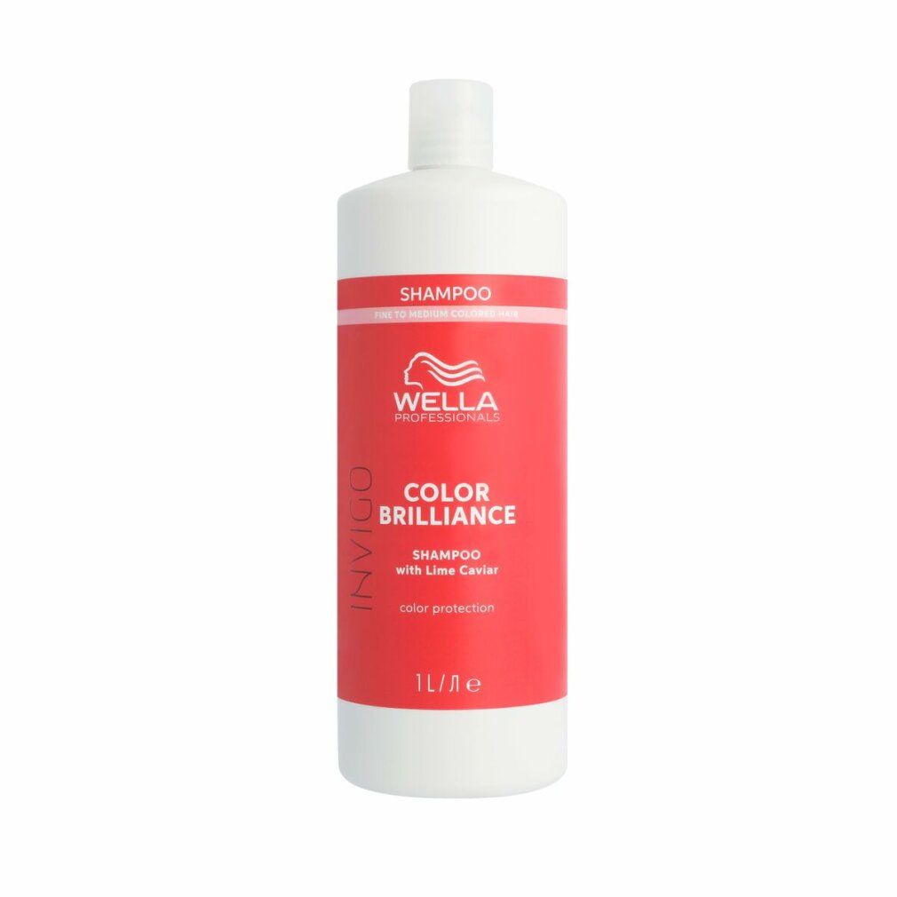 Flasche Wella Invigo Color Brilliance Shampoo. Rotes Etikett mit Text und Logo. 1L.