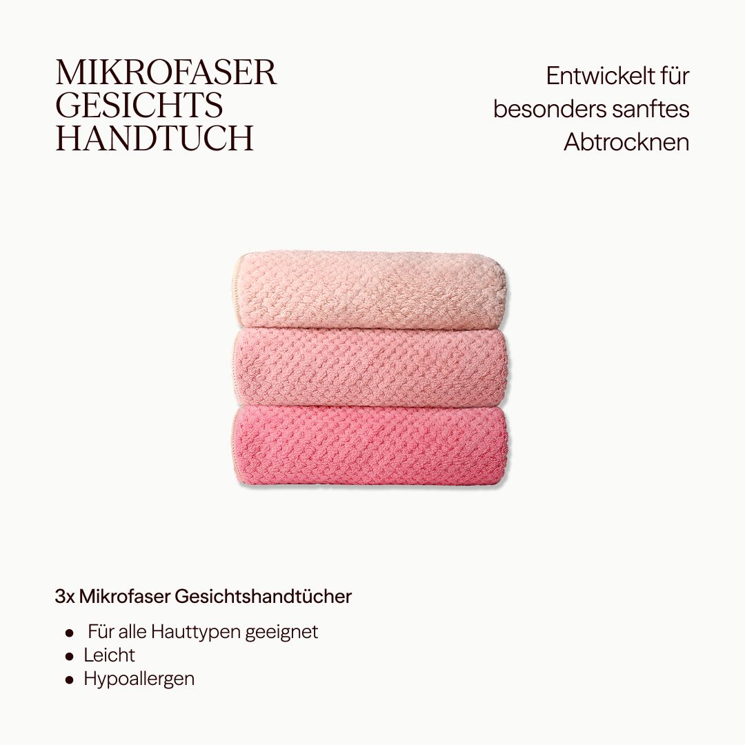 Drei Mikrofasertücher in Rosa. Text: Für alle Hauttypen geeignet, leicht, hypoallergen.