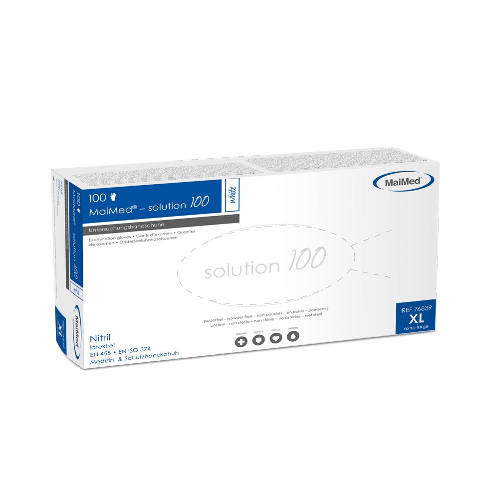 Weiße Box mit MaiMed-solution 100. Blaue Akzente. Größe XL. Unsteril. Handschuhe.
